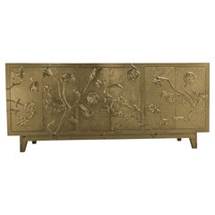 Art Deco Med. Hammered Brass Sideboard – Floral Metal Clad Credenza, Handmade