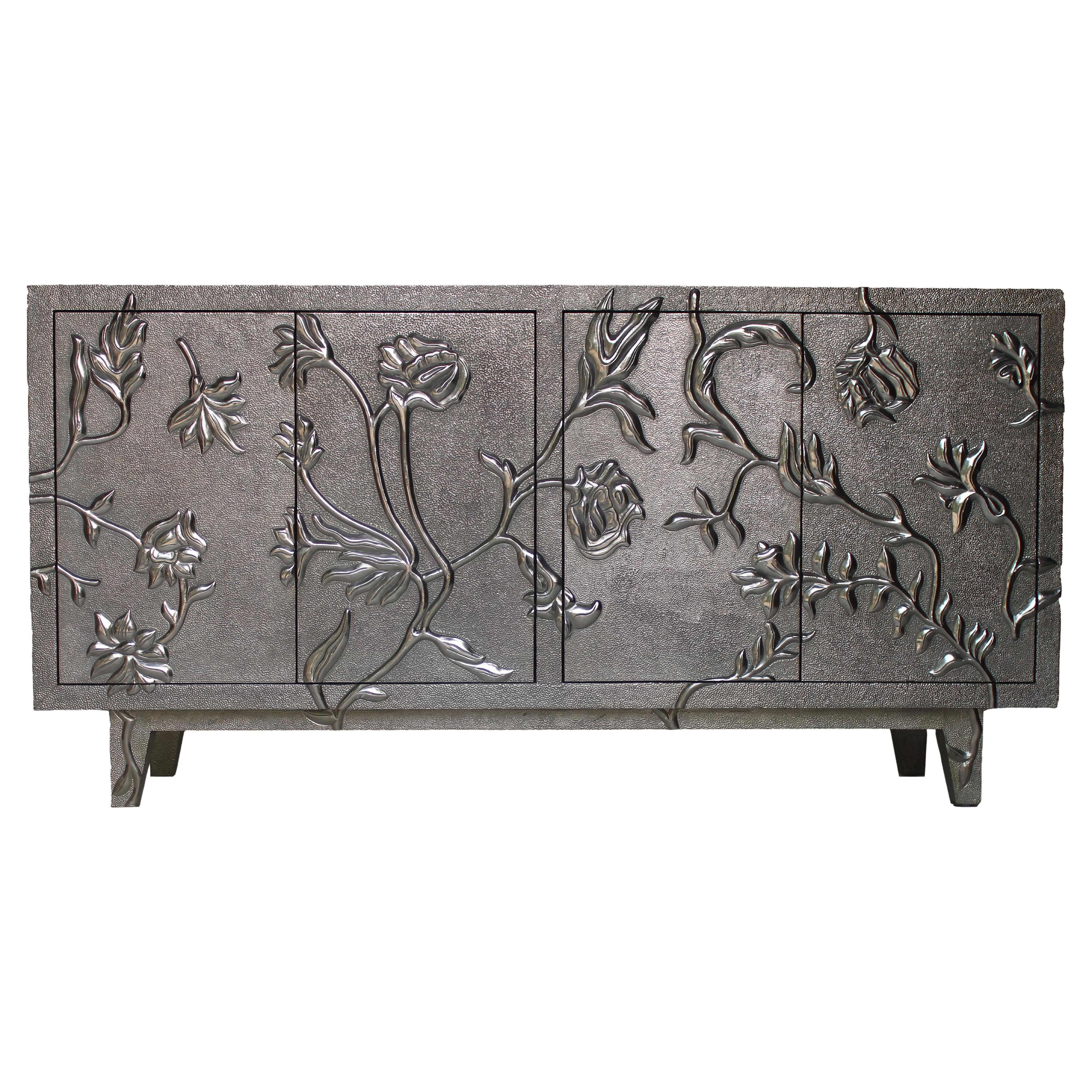 Art Deco Med. Hammered White Bronze Sideboard – Metal Clad Floral Credenza