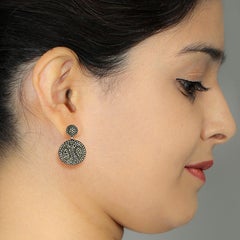 Art Deco Medallion Pave Diamond Disc Earrings In 14k Yellow Gold & Silver