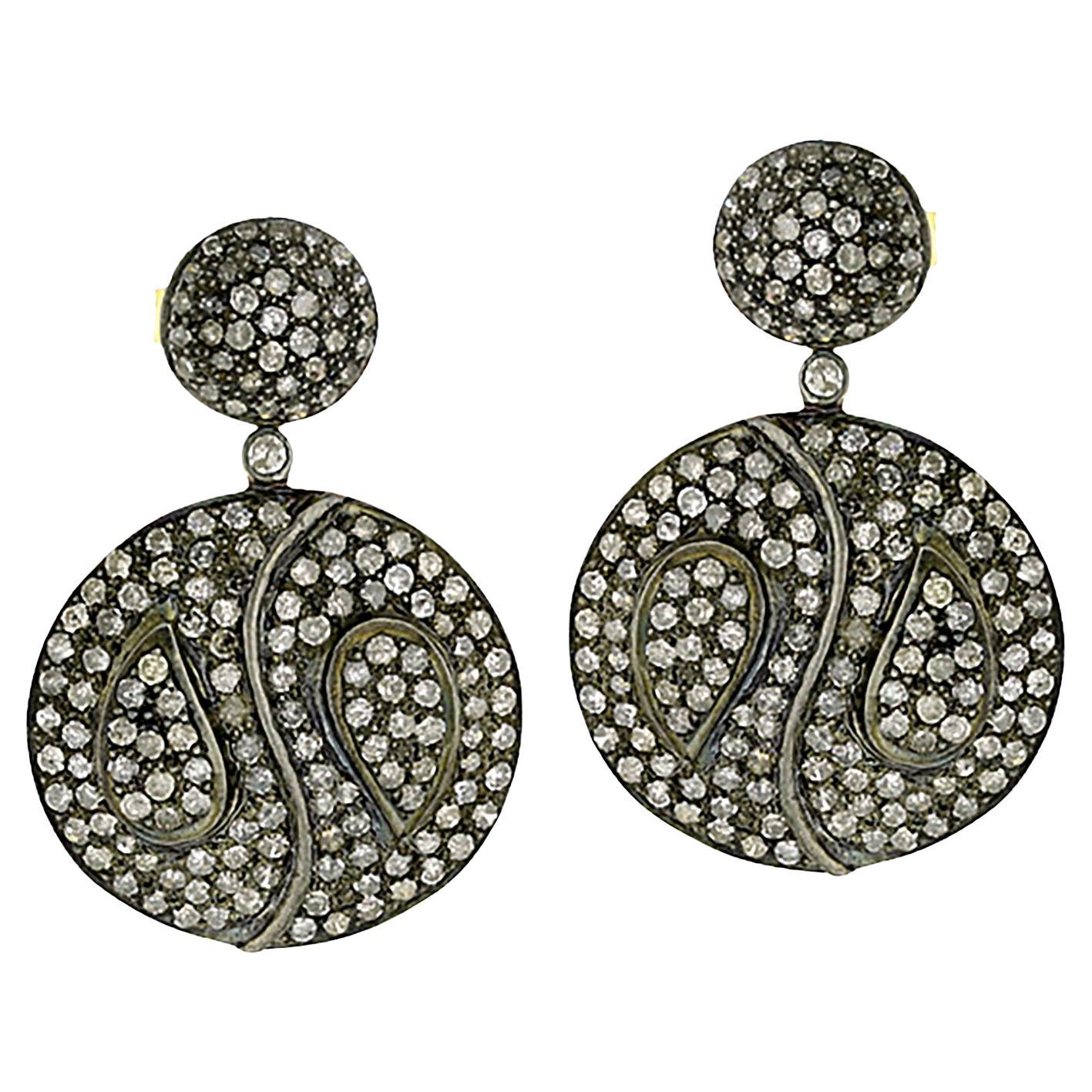 Art Deco Medallion Pave Diamond Disc Earrings In 14k Yellow Gold 
Silver For Sale