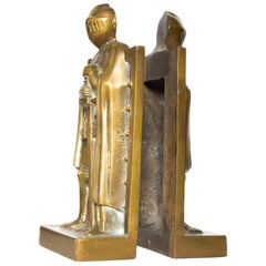 Vintage Art Deco Medieval Robed Knight Shining Armor Bookends Sculptural Solid Bronze