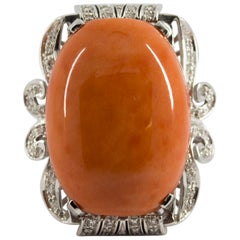 Art Deco Style Coral 0.40 Carat White Diamond White Gold Cocktail Ring