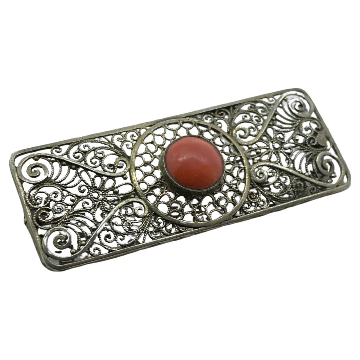 Art-Deco Mediterranean Coral (10mm) Silver Continental French Filigree Brooch For Sale