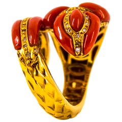 Art Deco Style Red Coral 0.50 Carat White Diamond Yellow Gold Snake Ring