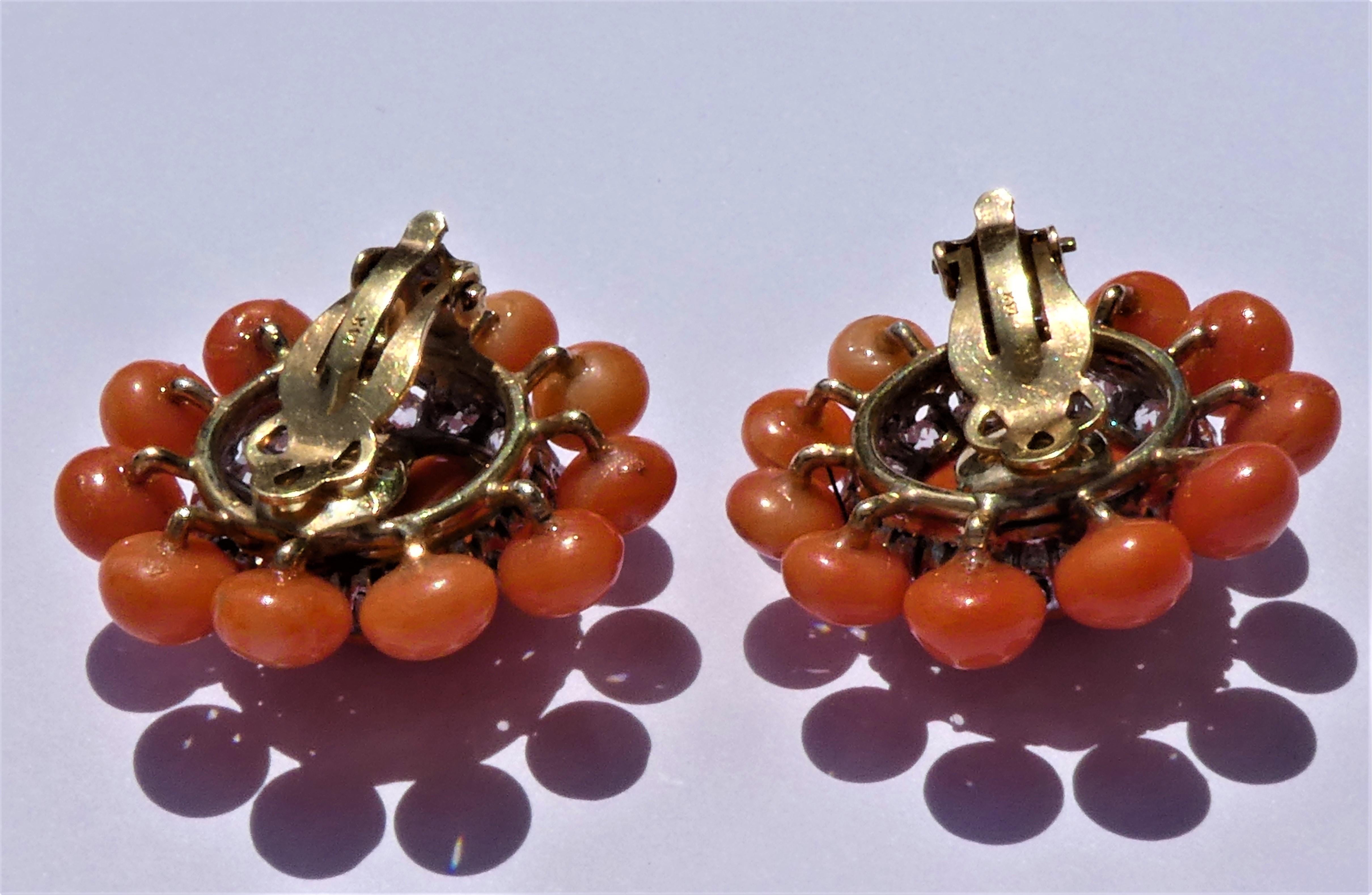 Women's Art Deco Mediterranean Red Coral Diamonds 14 Karat Gold Coral Clip-On Earrings For Sale