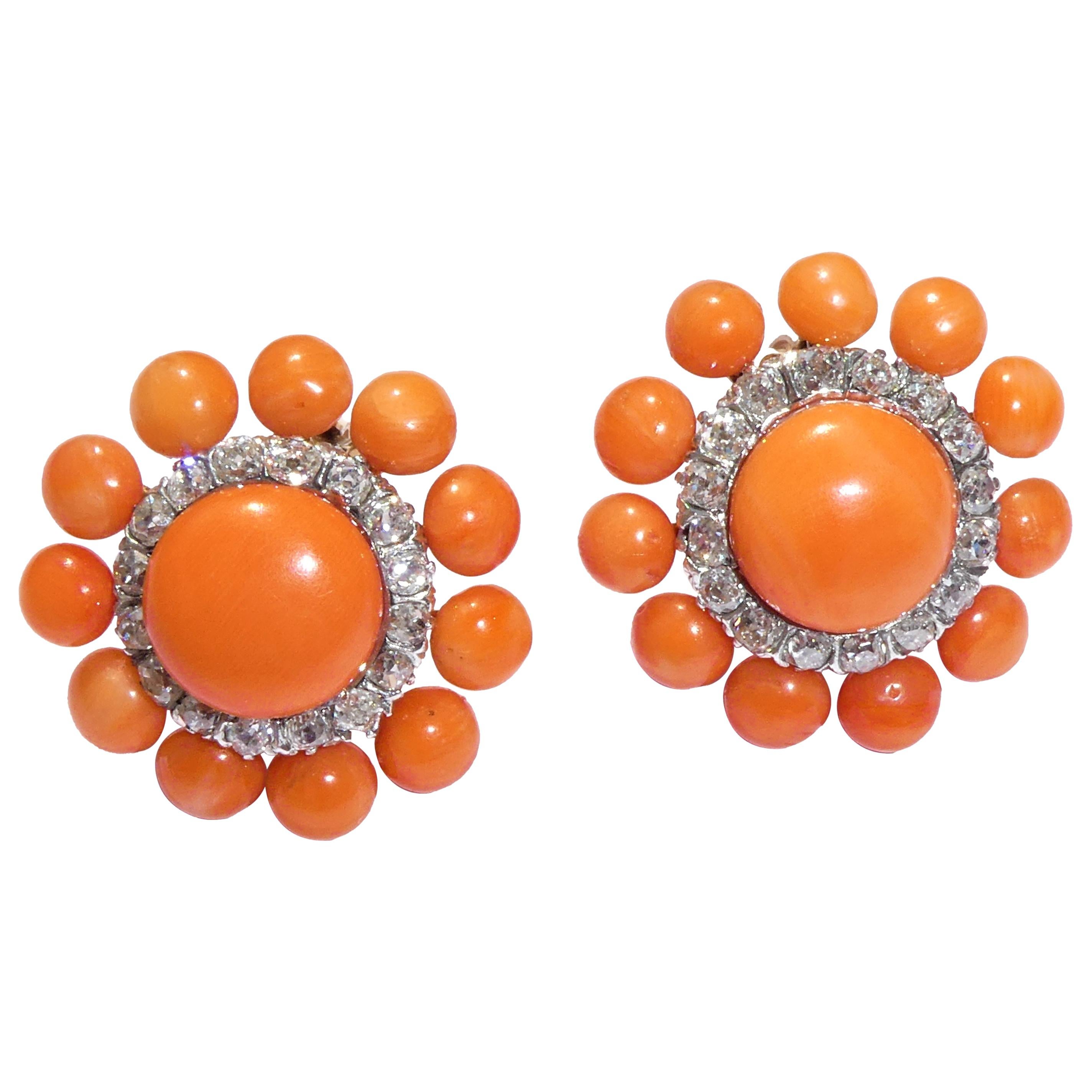 Art Deco Mediterranean Red Coral Diamonds 14 Karat Gold Coral Clip-On Earrings For Sale