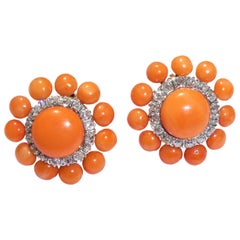 Antique Art Deco Mediterranean Red Coral Diamonds 14 Karat Gold Coral Clip-On Earrings