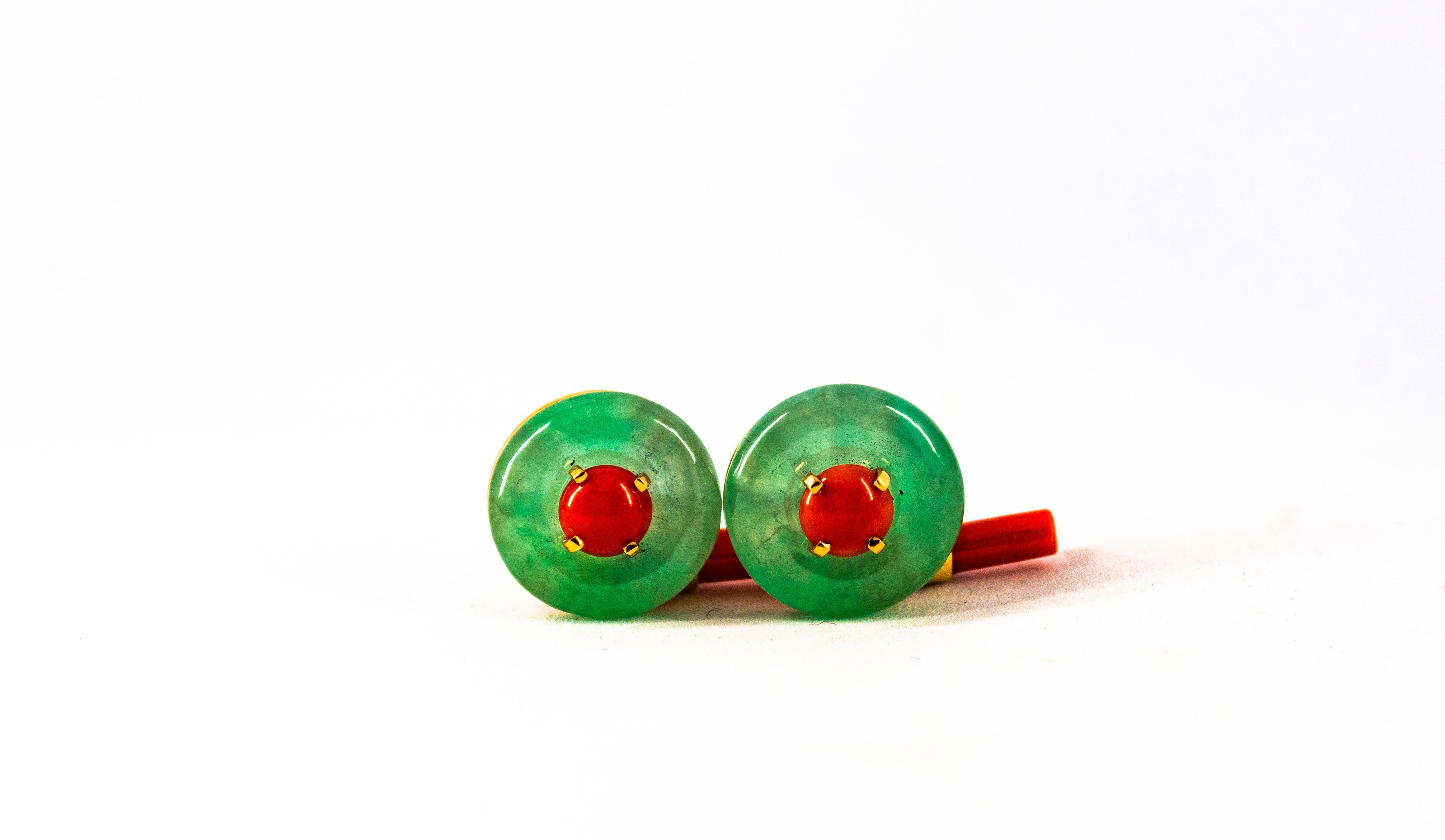Art Deco Style Mediterranean Red Coral Jade Yellow Gold Cufflinks In New Condition In Naples, IT