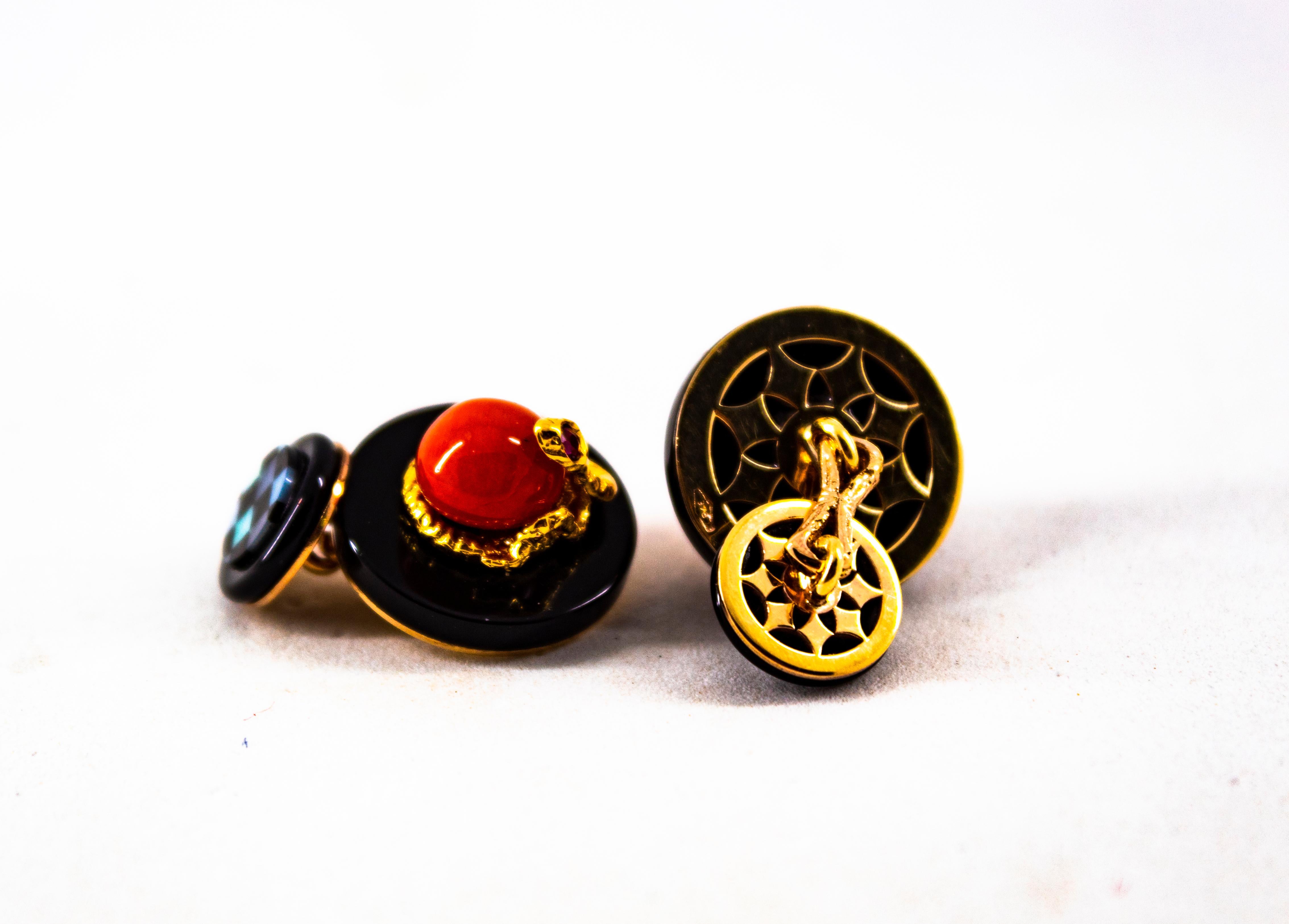 Art Deco Style Mediterranean Red Coral Onyx Ruby Mother of Pearl Gold Cufflinks 6