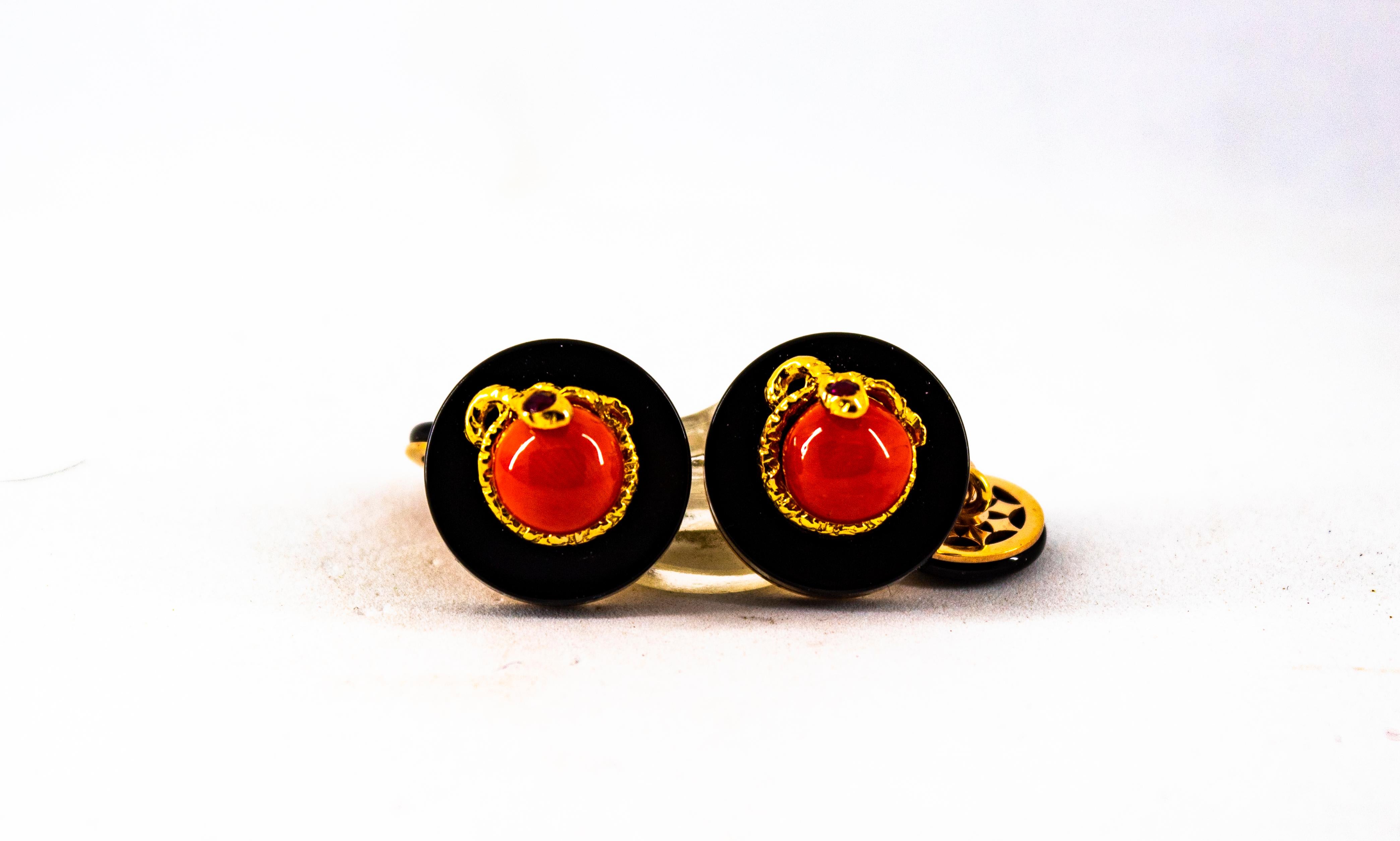 Mixed Cut Art Deco Style Mediterranean Red Coral Onyx Ruby Mother of Pearl Gold Cufflinks