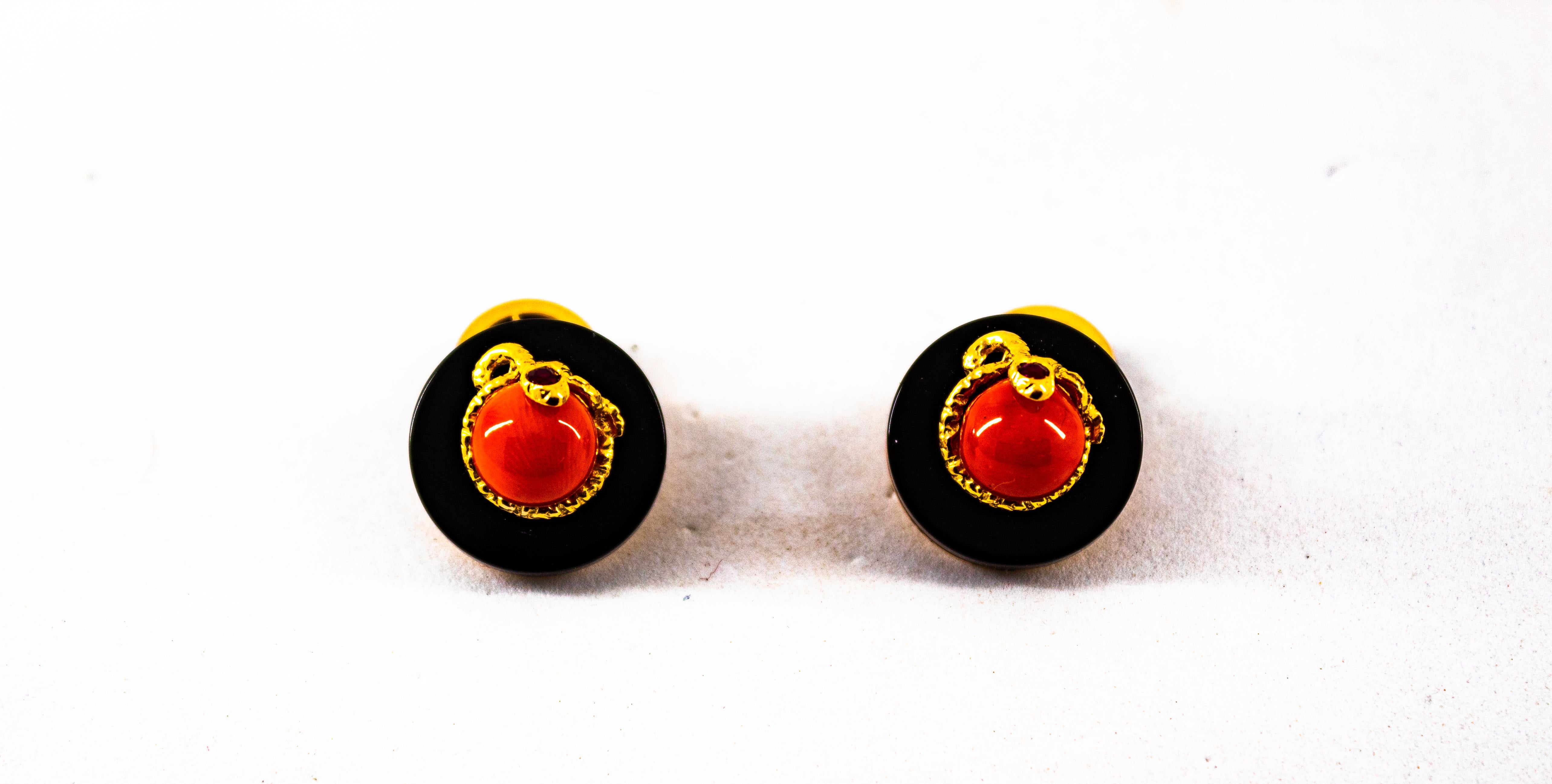 Women's or Men's Art Deco Style Mediterranean Red Coral Onyx Ruby Mother of Pearl Gold Cufflinks