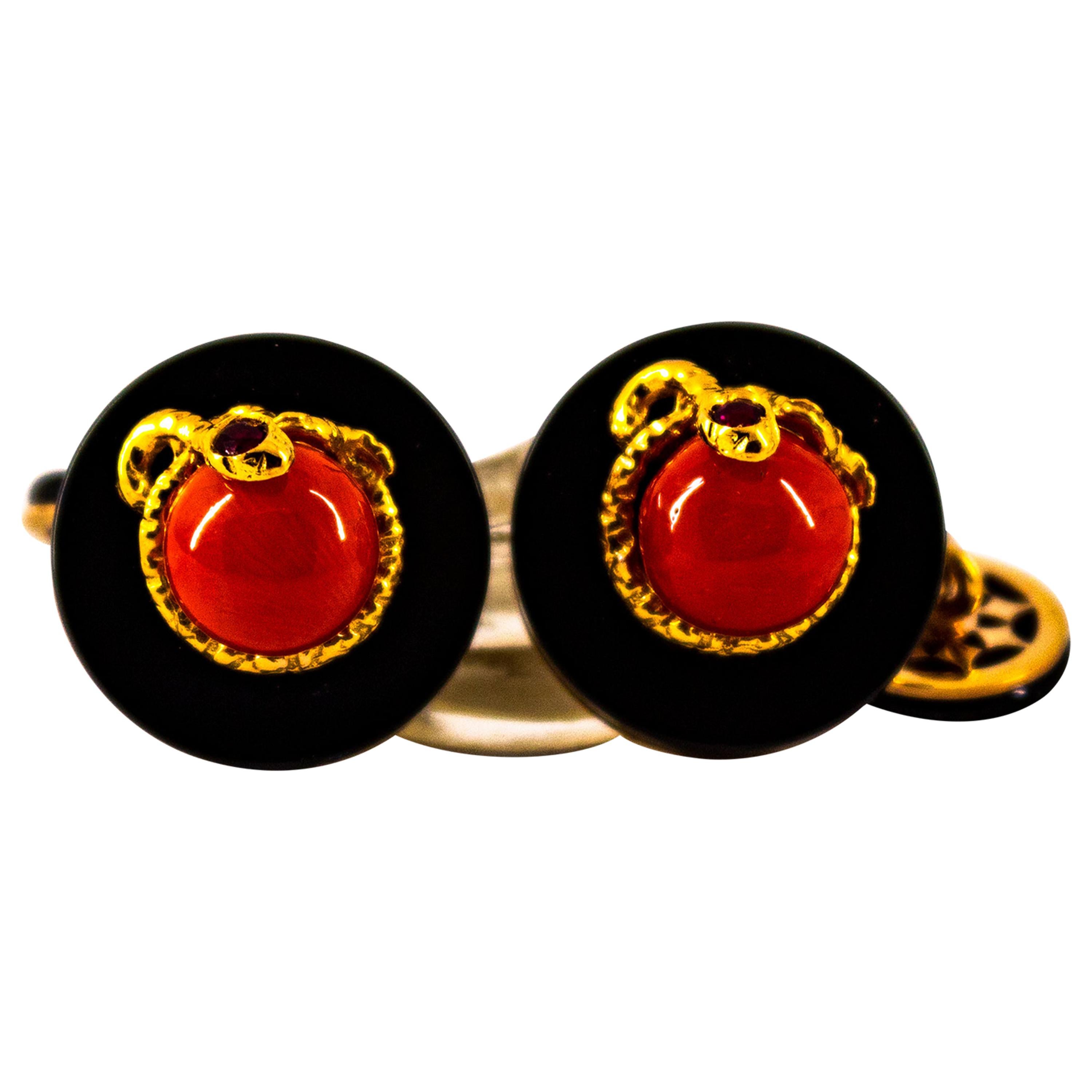 Art Deco Style Mediterranean Red Coral Onyx Ruby Mother of Pearl Gold Cufflinks