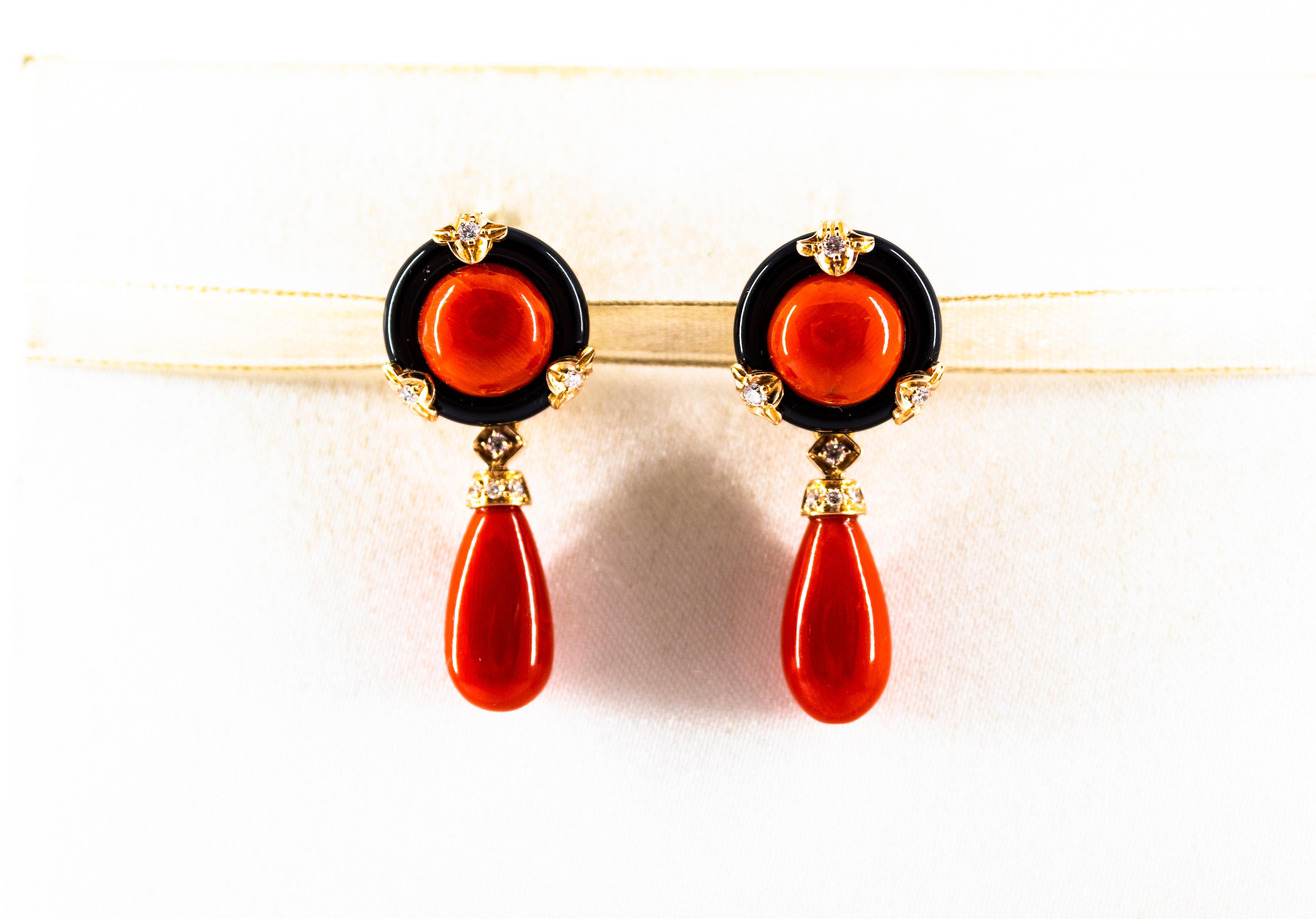 These Earrings are made of 18K Yellow Gold.
These Earrings have 0.24 Carats of White Modern Round Cut Diamonds.
These Earrings have Mediterranean (Sardinia, Italy) Red Coral and Onyx.
These Earrings are also available with Lever-Back Closures.
All