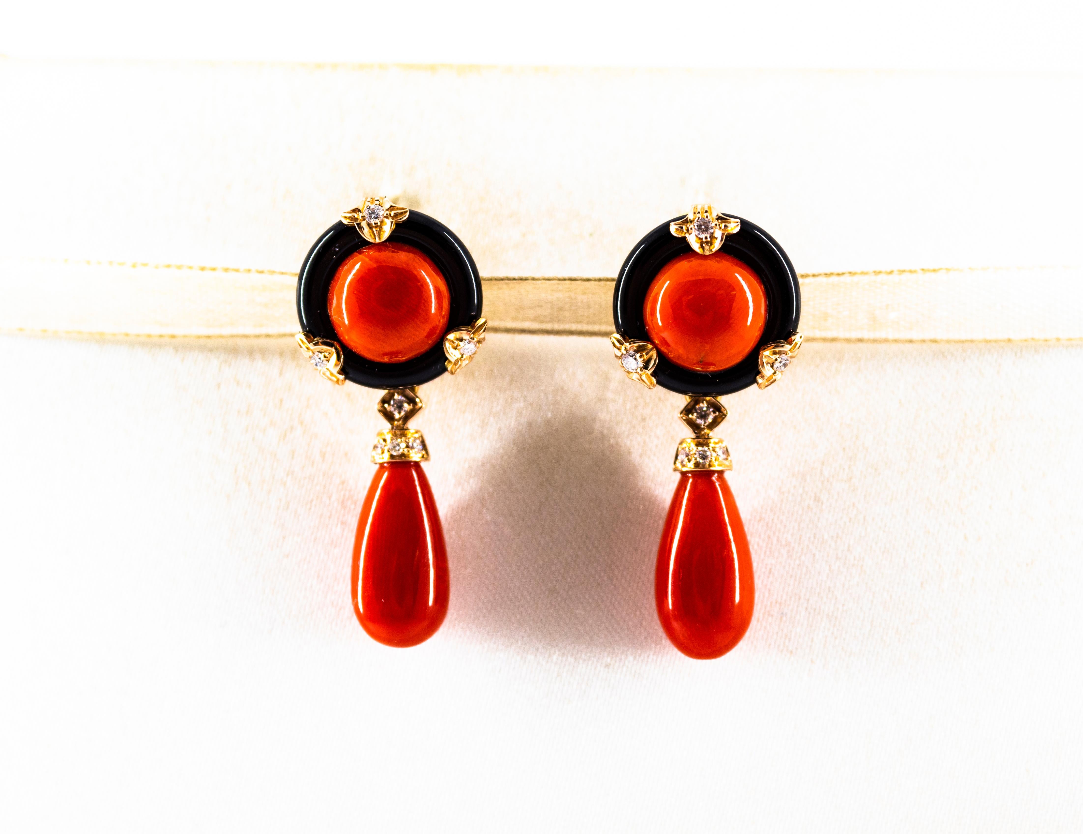 Round Cut Art Deco Style Red Coral Onyx White Diamond Yellow Gold Clip-On Earrings
