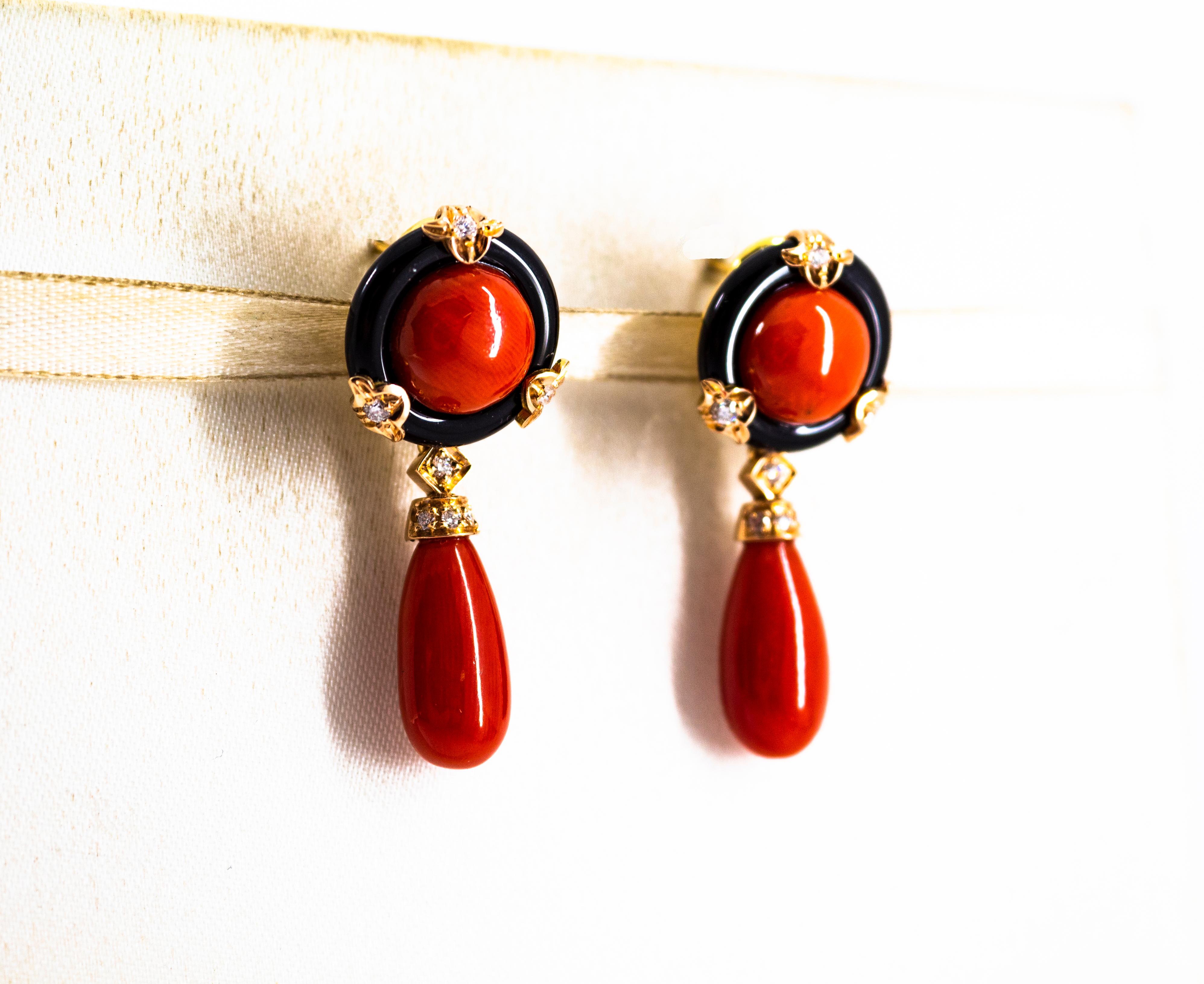 Women's or Men's Art Deco Mediterranean Red Coral Onyx White Diamond Yellow Gold Clip-On Earrings