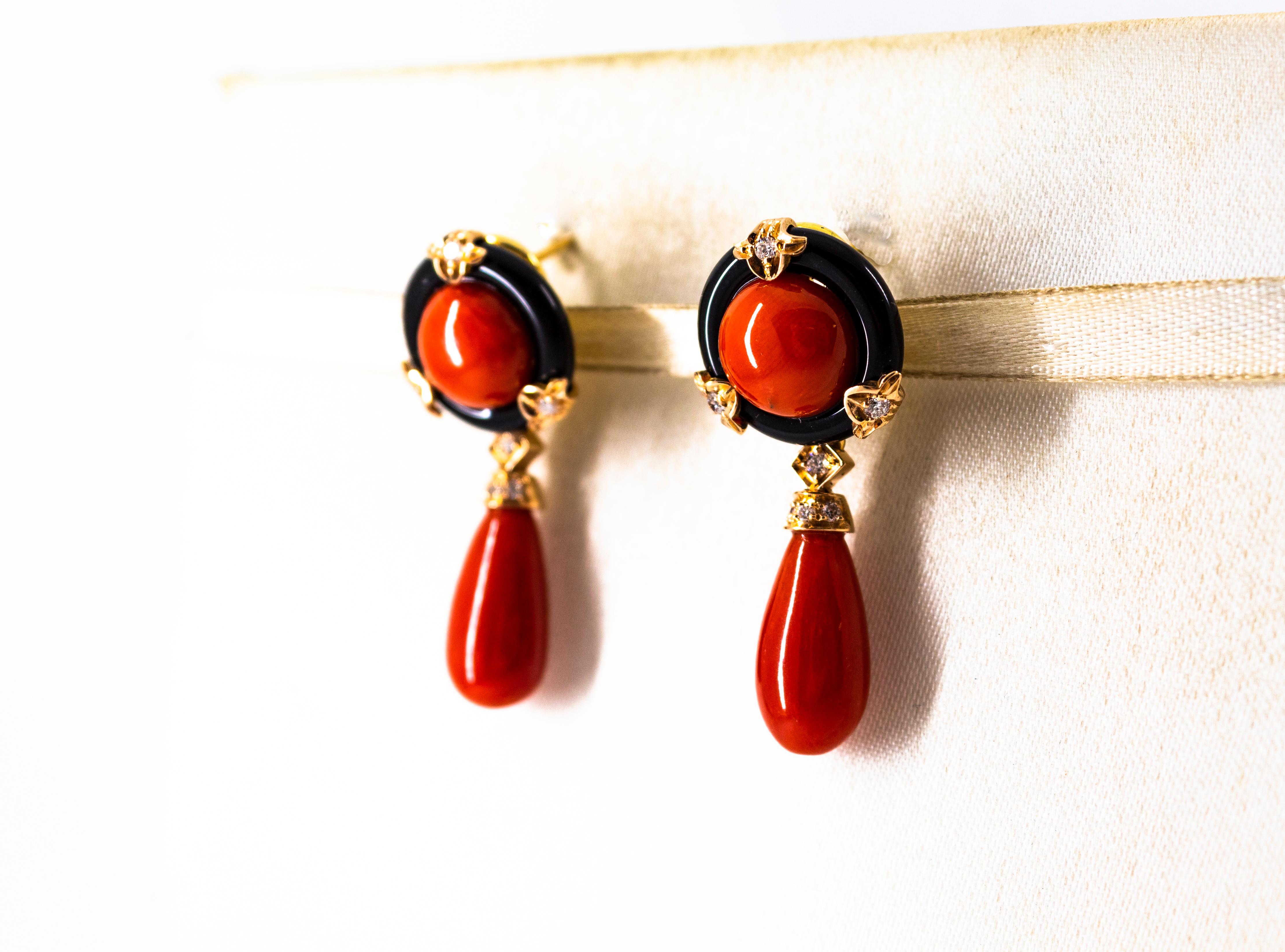 Women's or Men's Art Deco Style Red Coral Onyx White Diamond Yellow Gold Clip-On Earrings