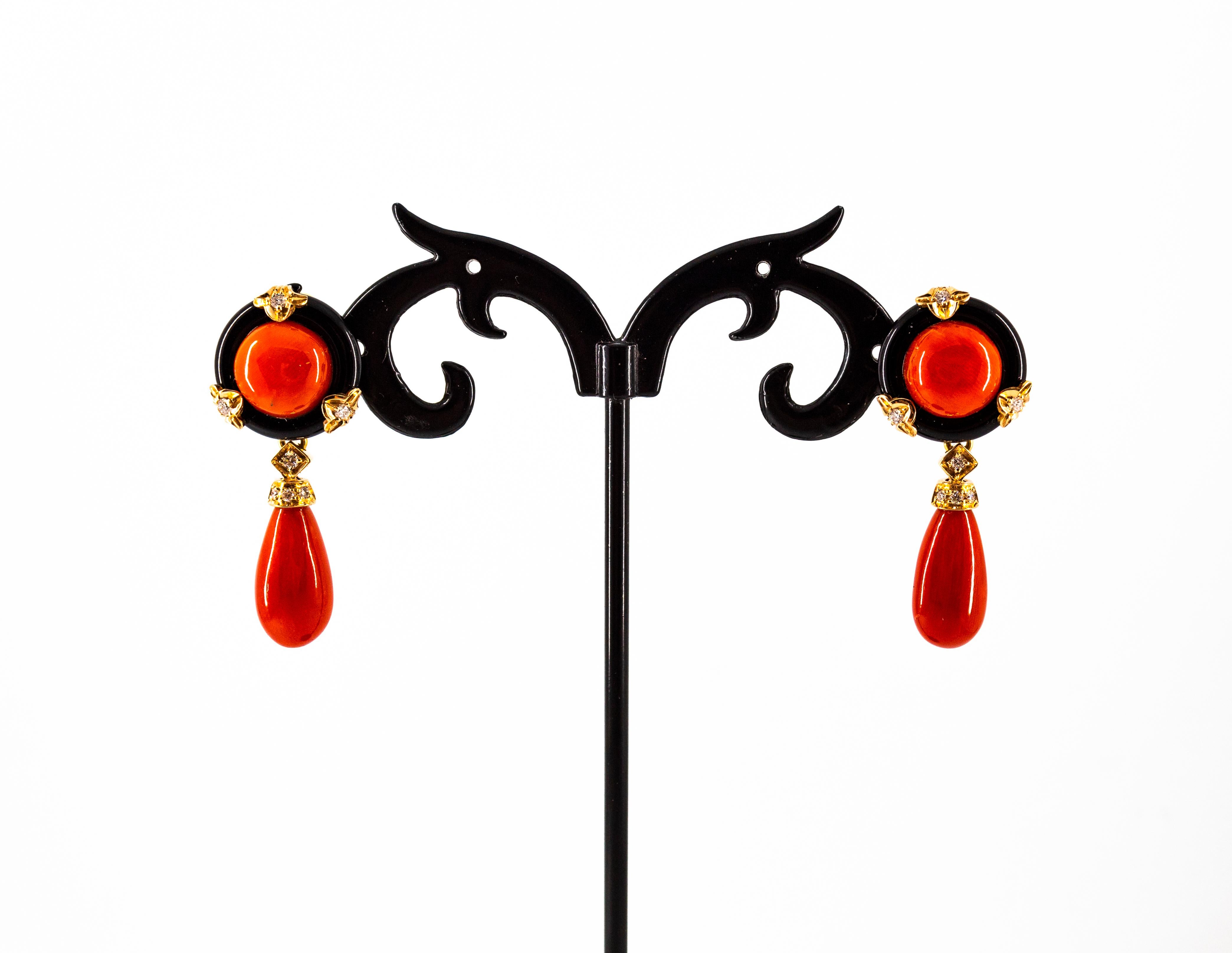 Art Deco Mediterranean Red Coral Onyx White Diamond Yellow Gold Clip-On Earrings 3