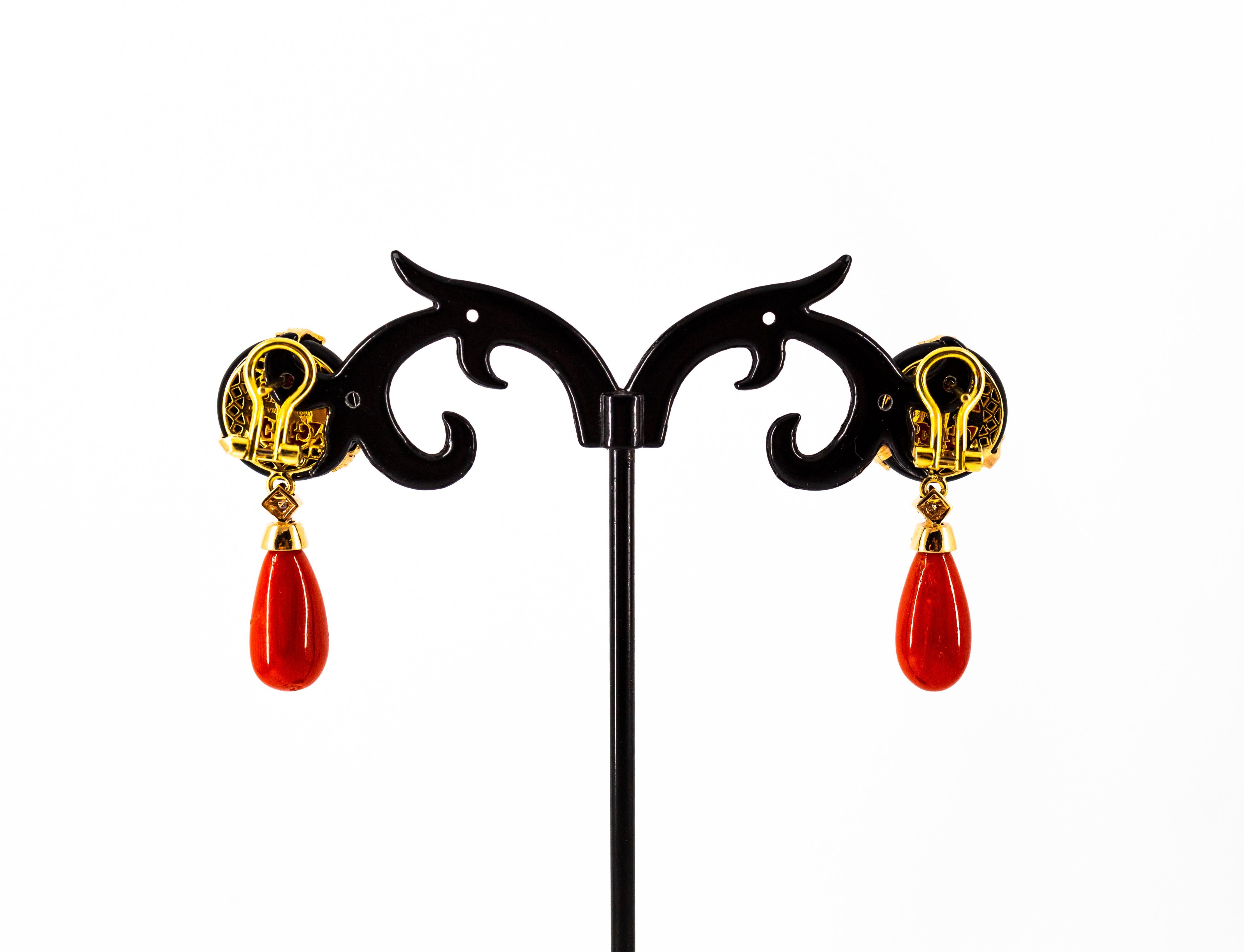 Art Deco Mediterranean Red Coral Onyx White Diamond Yellow Gold Clip-On Earrings 5