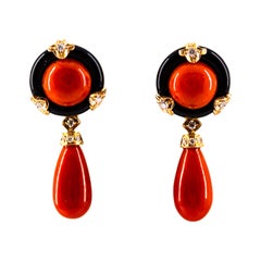 Art Deco Mediterranean Red Coral Onyx White Diamond Yellow Gold Clip-On Earrings