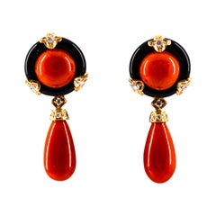 Mediterranean Red Coral Onyx White Diamond Yellow Gold Clip-On Earrings