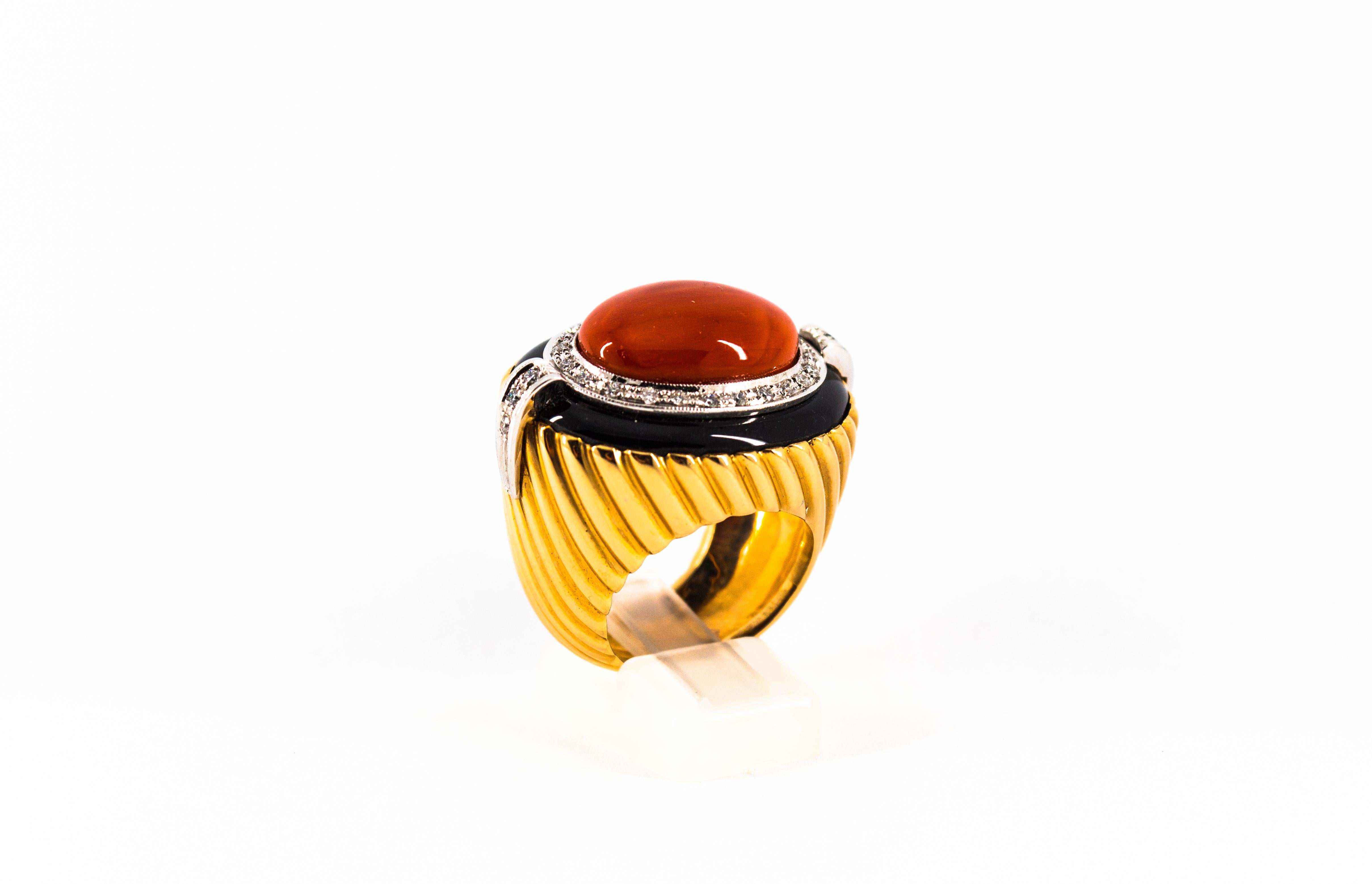 Art Deco Mediterranean Red Coral Onyx White Diamond Yellow Gold Cocktail Ring For Sale 5