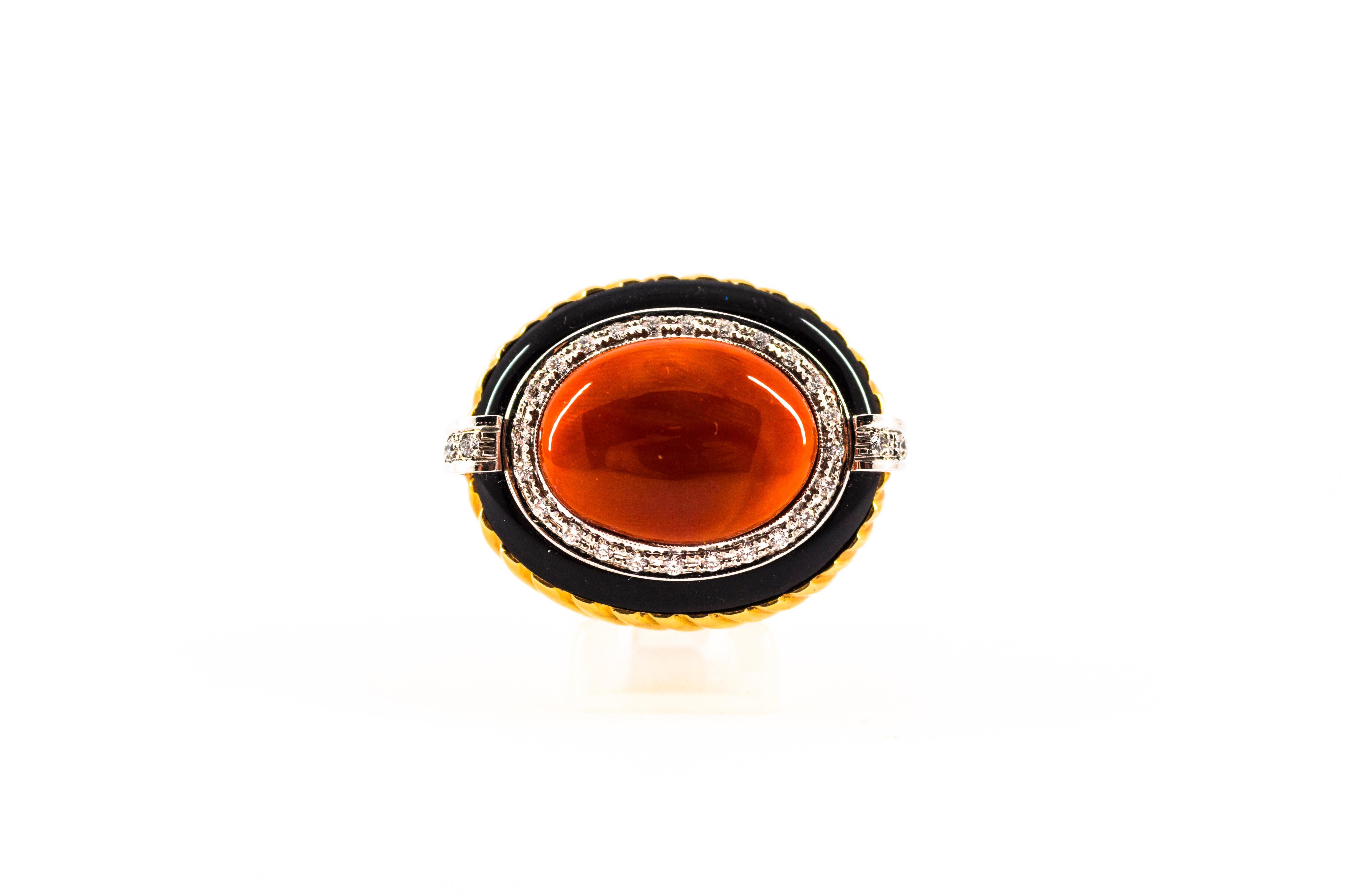 Art Deco Mediterranean Red Coral Onyx White Diamond Yellow Gold Cocktail Ring For Sale 6