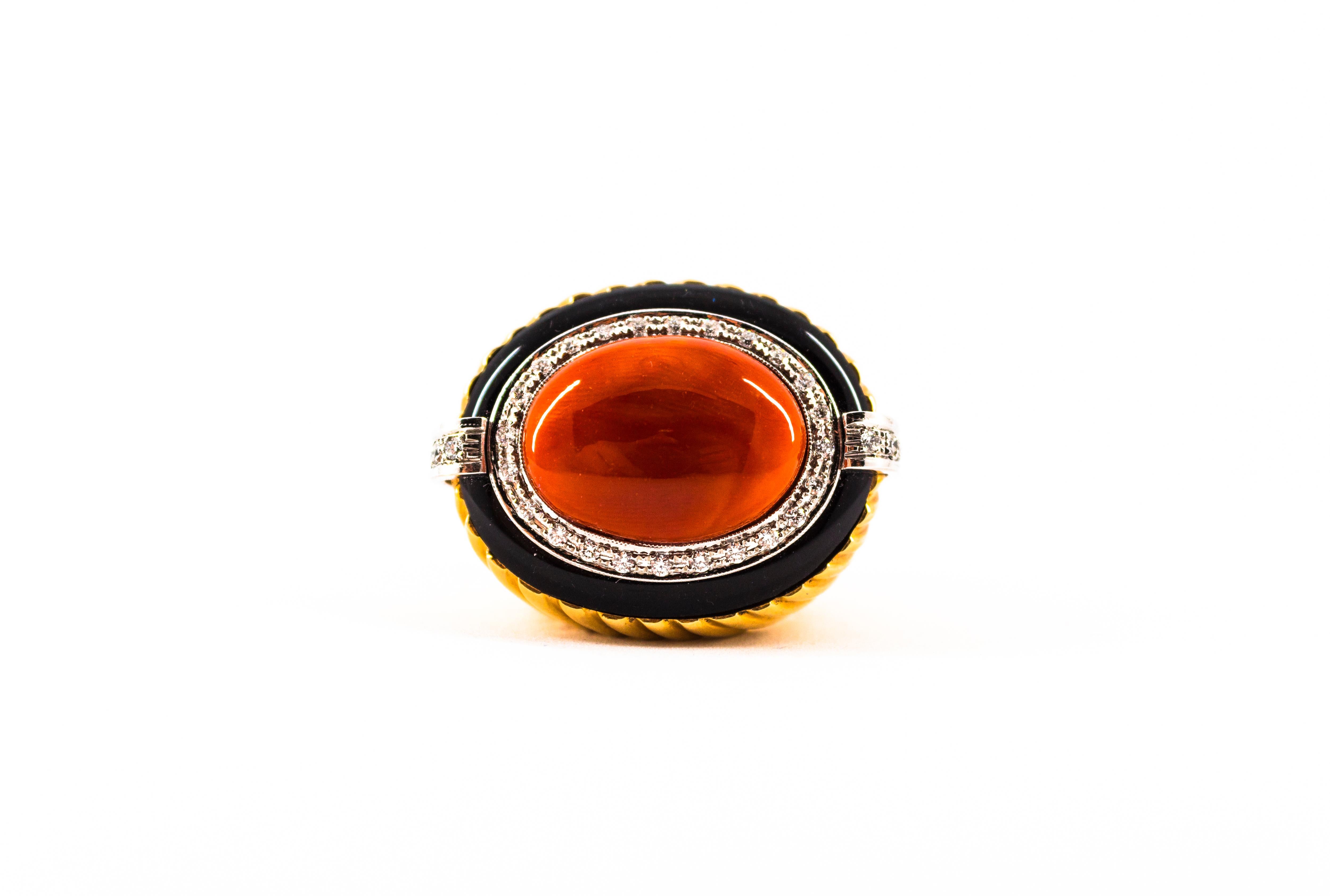 Art Deco Mediterranean Red Coral Onyx White Diamond Yellow Gold Cocktail Ring For Sale 7