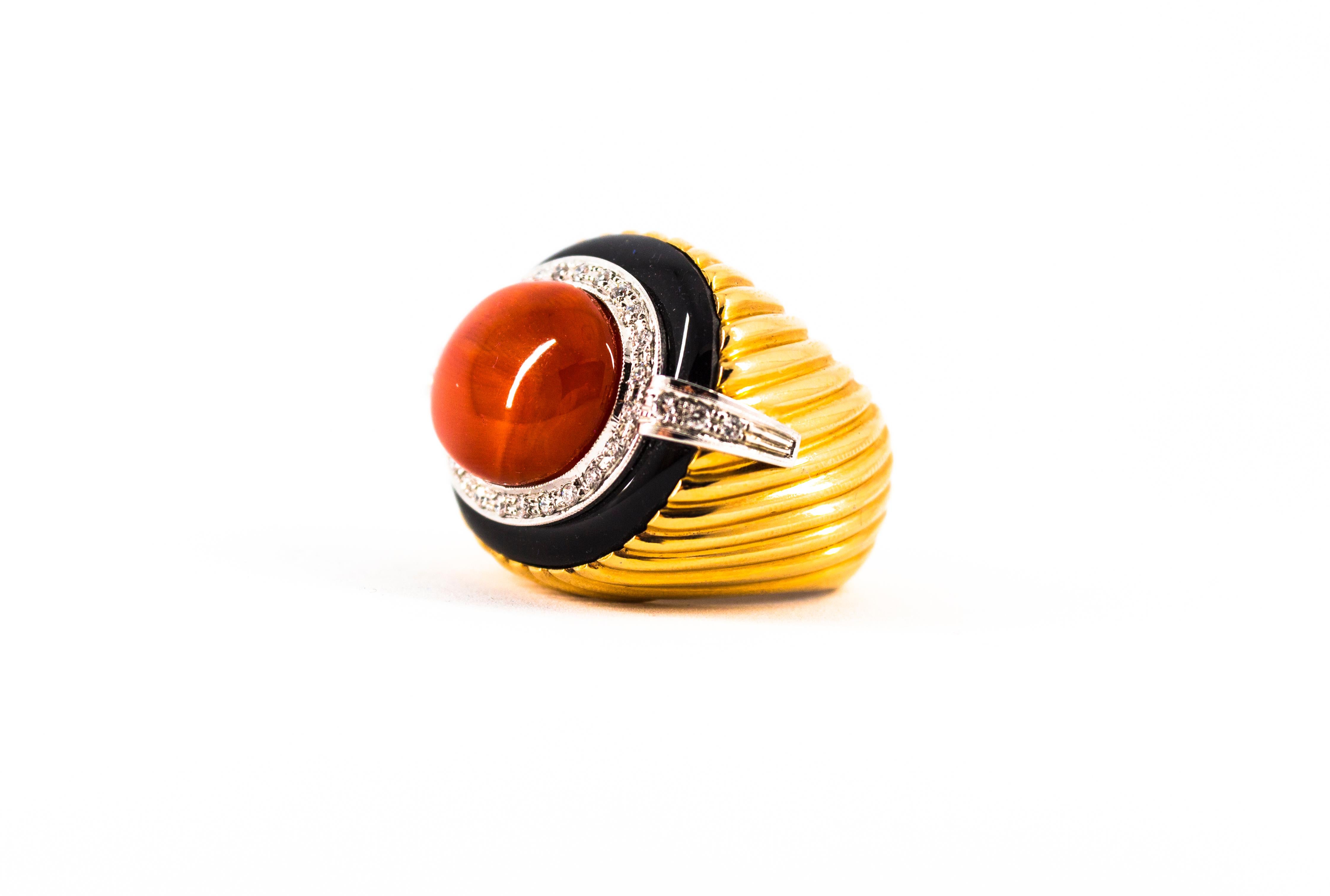 Art Deco Mediterranean Red Coral Onyx White Diamond Yellow Gold Cocktail Ring For Sale 8