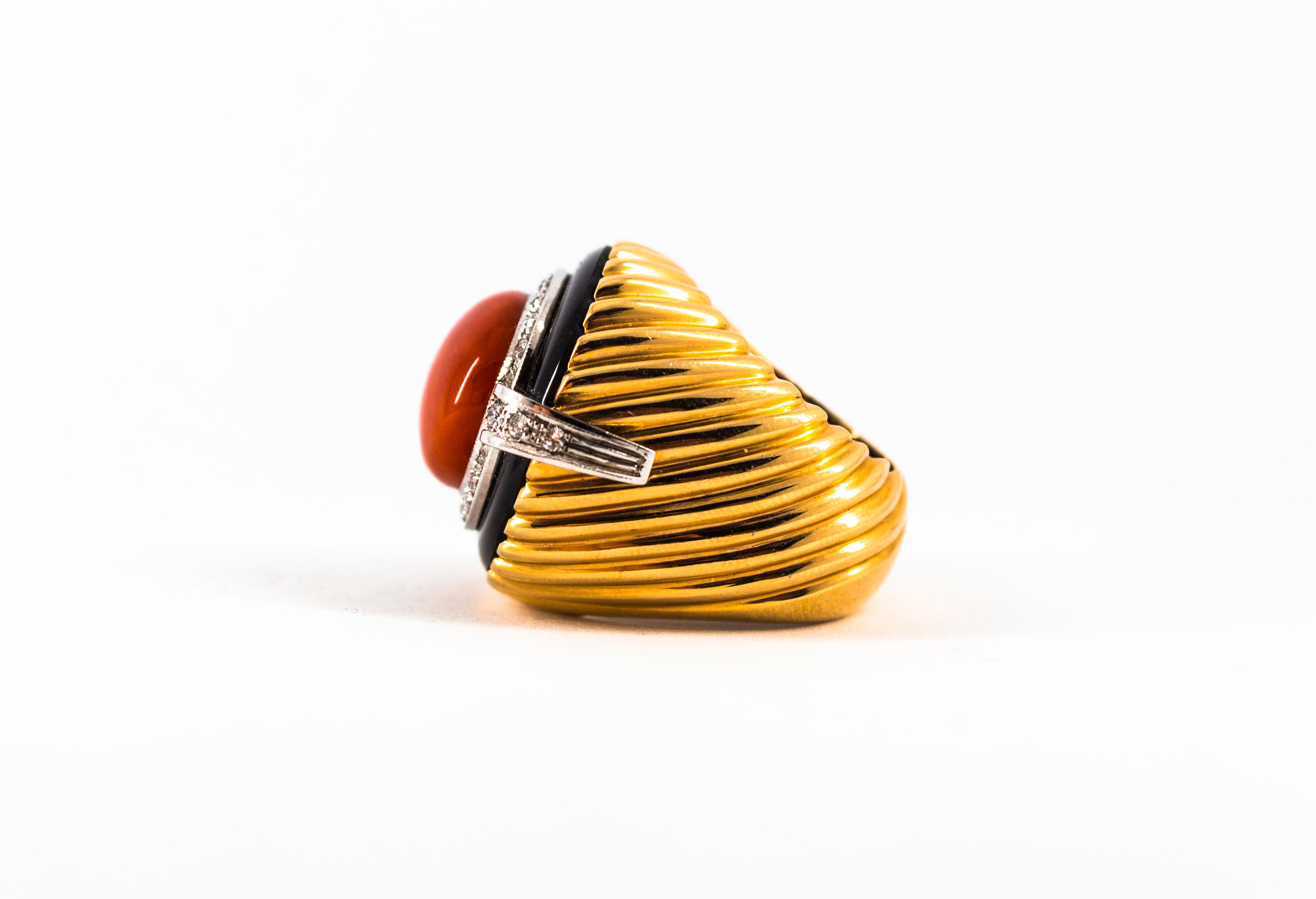 Art Deco Mediterranean Red Coral Onyx White Diamond Yellow Gold Cocktail Ring For Sale 9