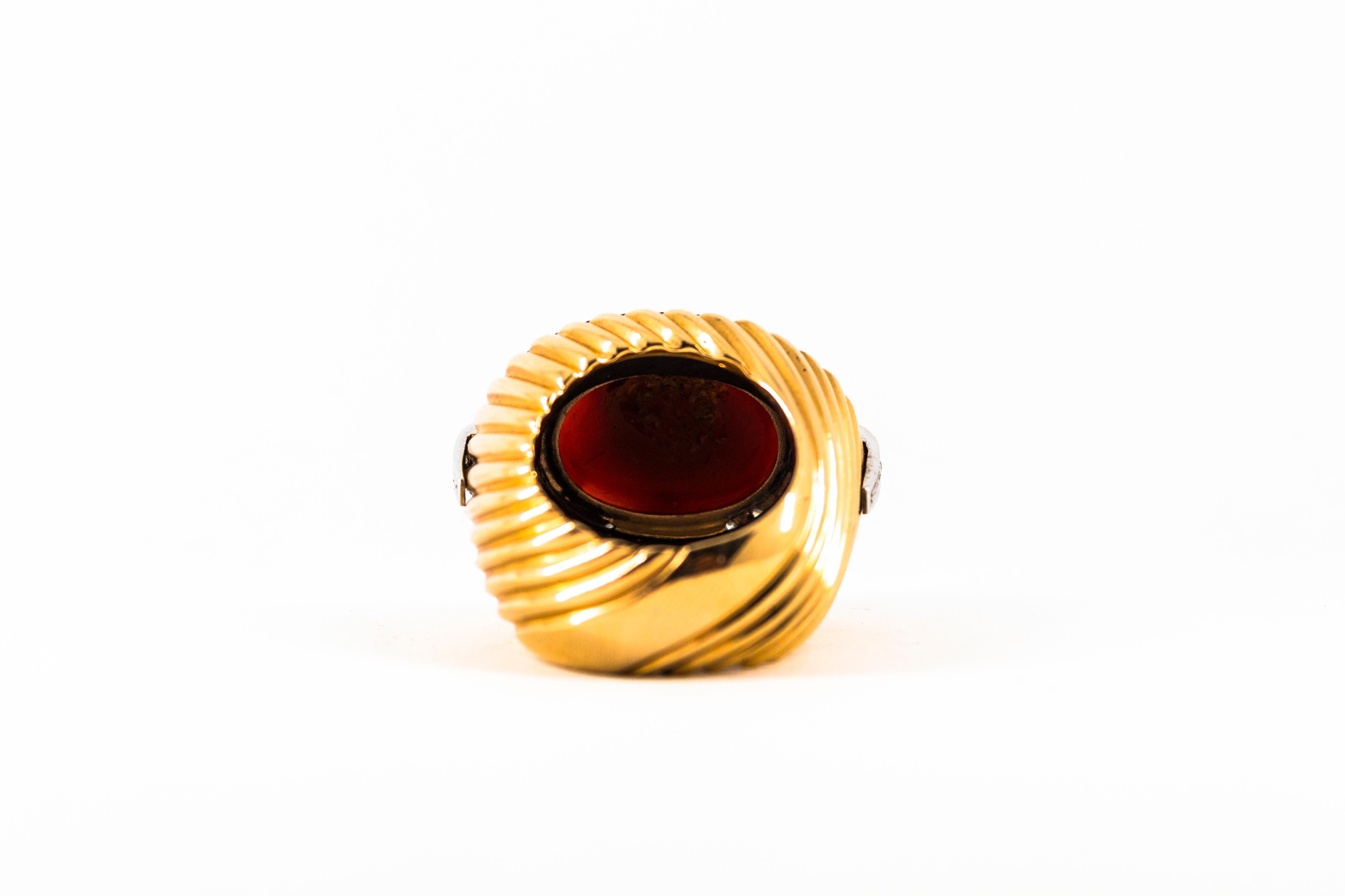 Art Deco Mediterranean Red Coral Onyx White Diamond Yellow Gold Cocktail Ring For Sale 10