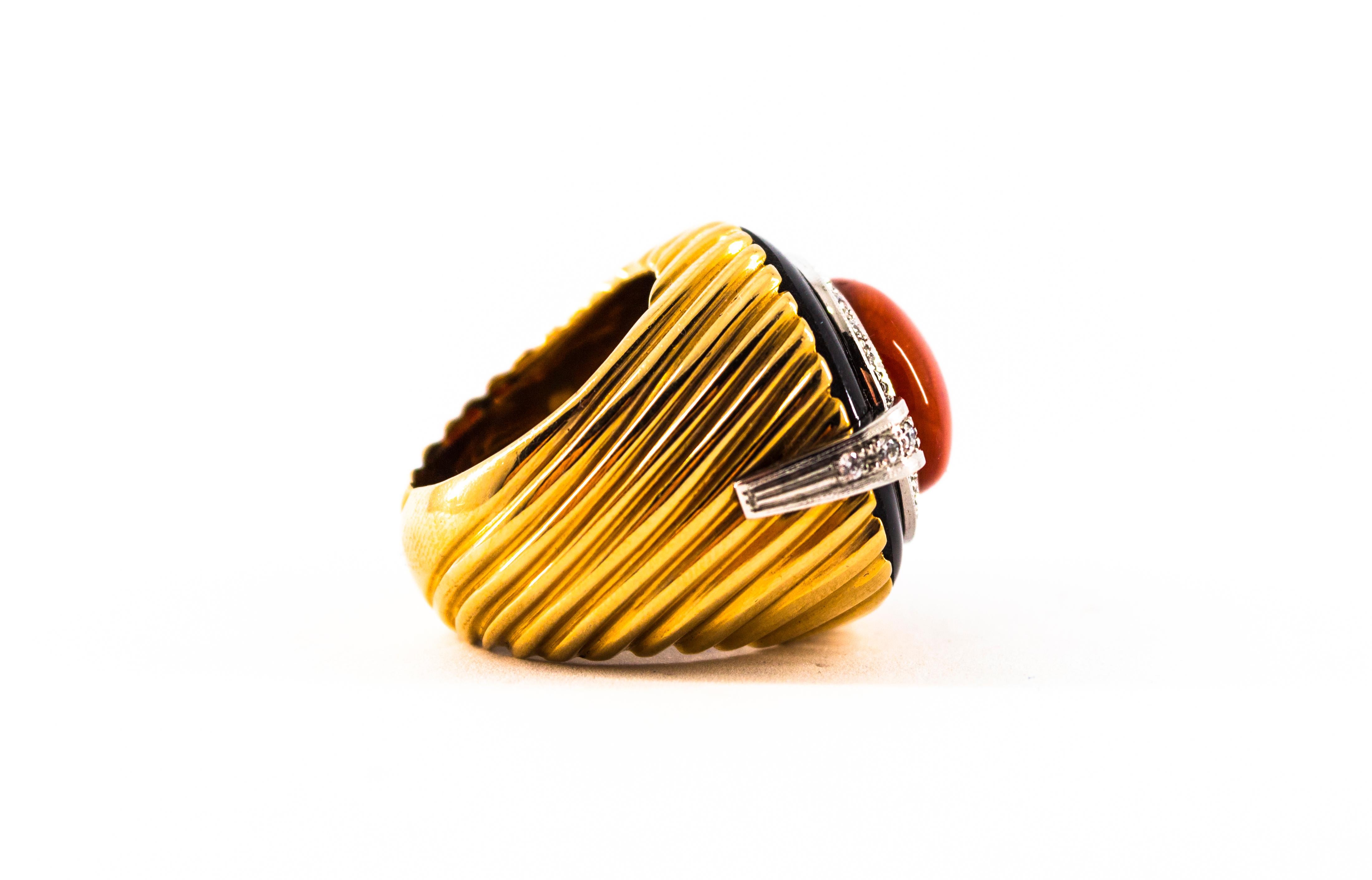 Art Deco Mediterranean Red Coral Onyx White Diamond Yellow Gold Cocktail Ring For Sale 11