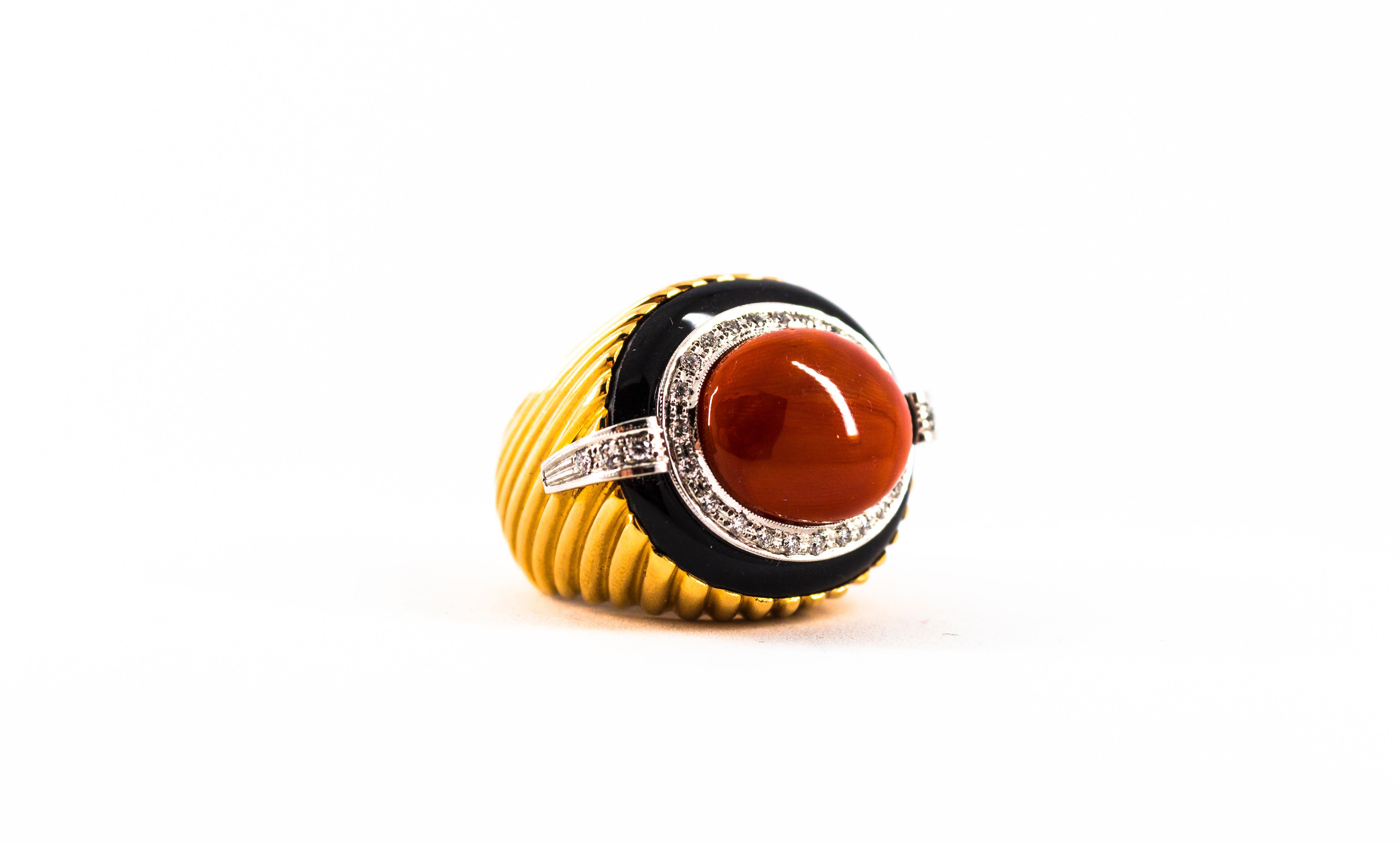 Art Deco Mediterranean Red Coral Onyx White Diamond Yellow Gold Cocktail Ring For Sale 12