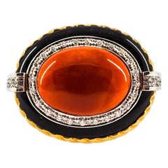 Art Deco Mediterranean Red Coral Onyx White Diamond Yellow Gold Cocktail Ring