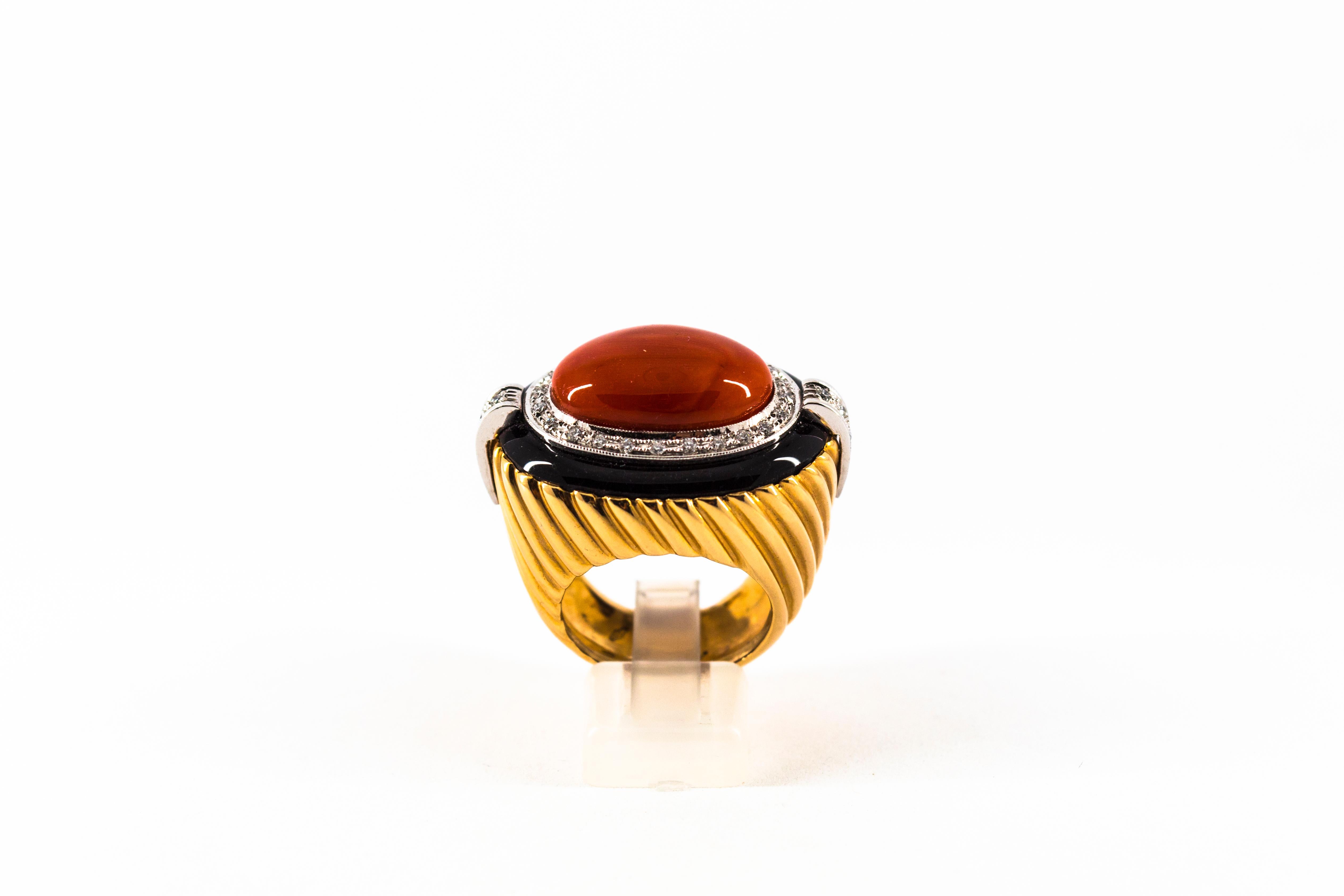 Brilliant Cut Art Deco Mediterranean Red Coral Onyx White Diamond Yellow Gold Cocktail Ring For Sale