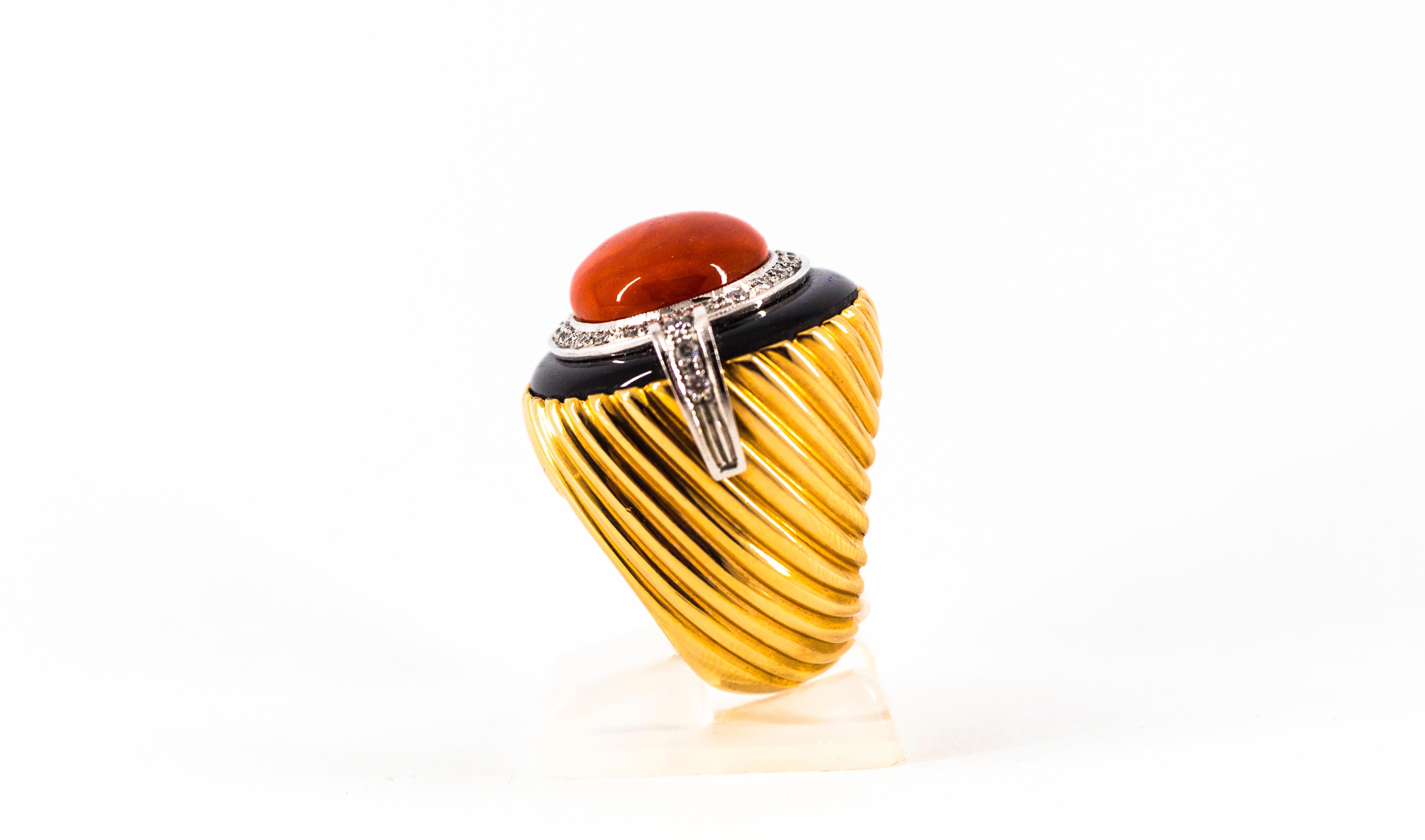 Women's or Men's Art Deco Mediterranean Red Coral Onyx White Diamond Yellow Gold Cocktail Ring For Sale