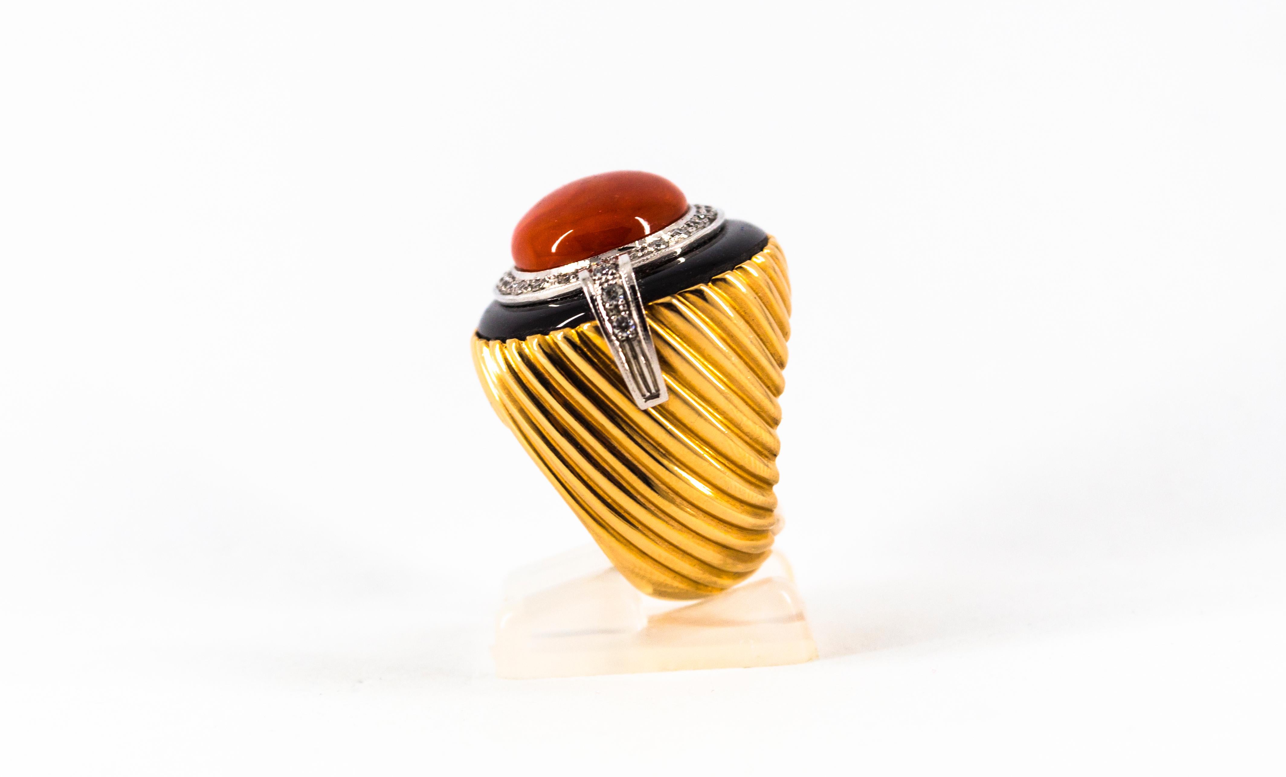 Art Deco Mediterranean Red Coral Onyx White Diamond Yellow Gold Cocktail Ring For Sale 1