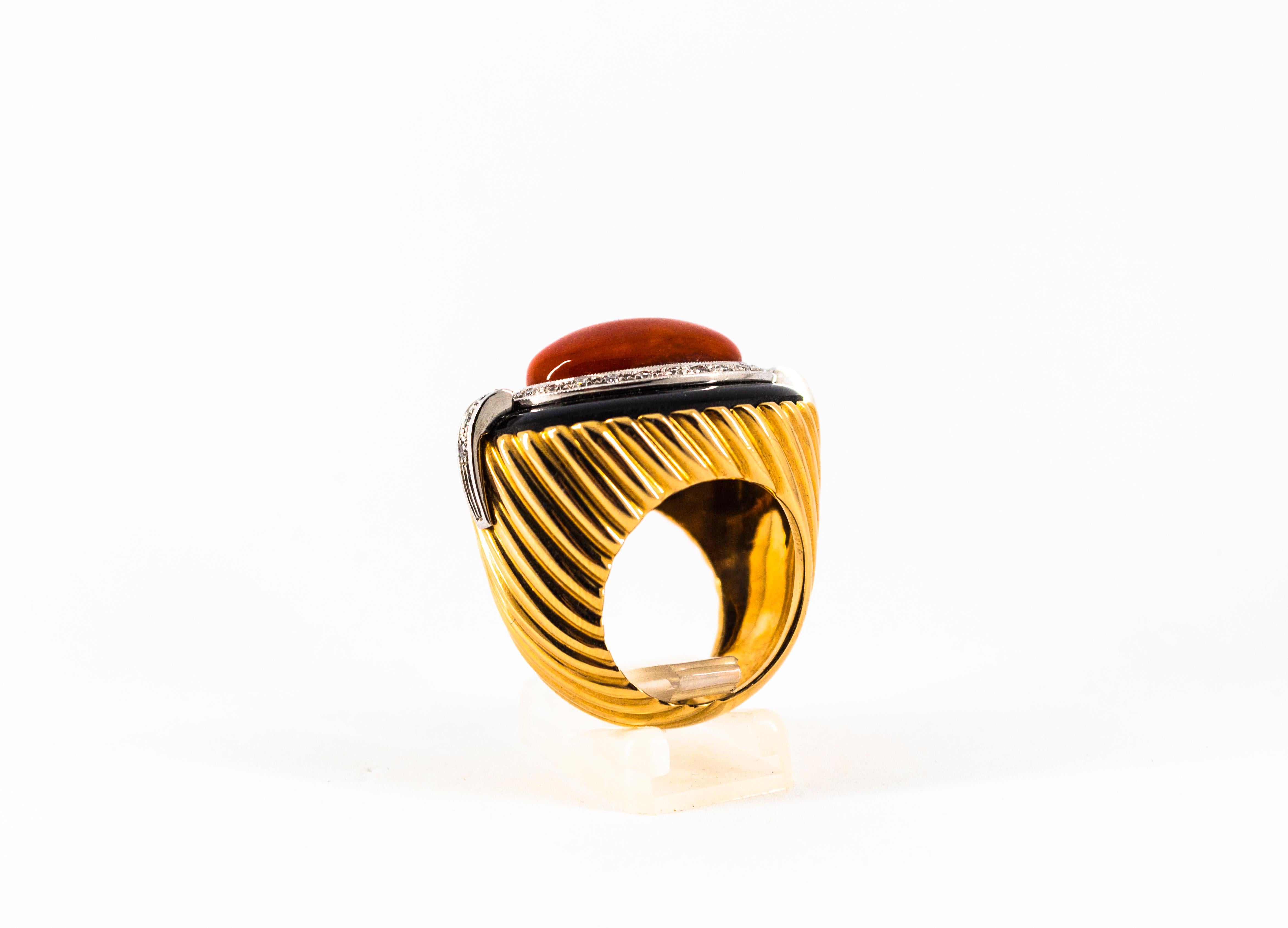 Art Deco Mediterranean Red Coral Onyx White Diamond Yellow Gold Cocktail Ring For Sale 2