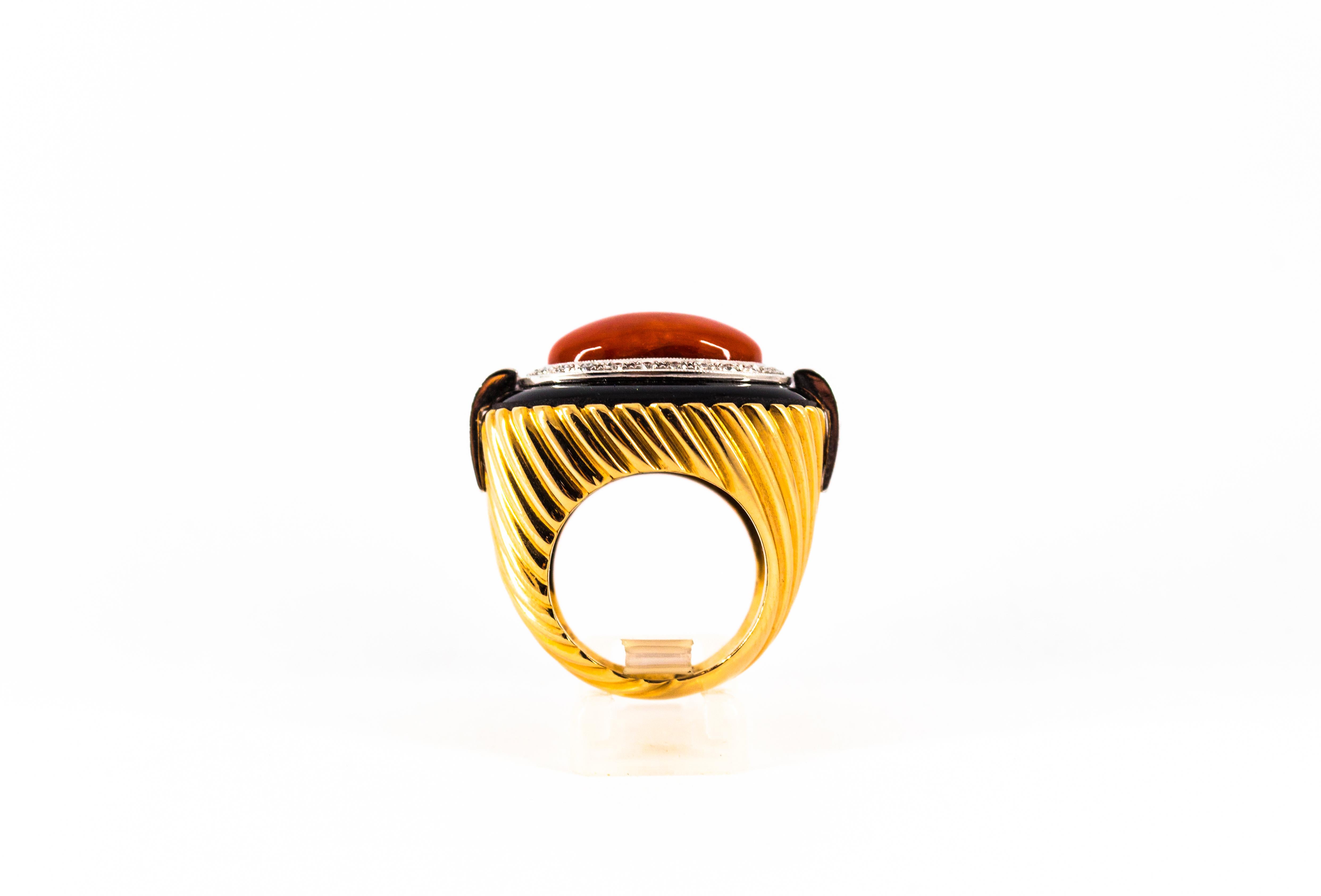 Art Deco Mediterranean Red Coral Onyx White Diamond Yellow Gold Cocktail Ring For Sale 3