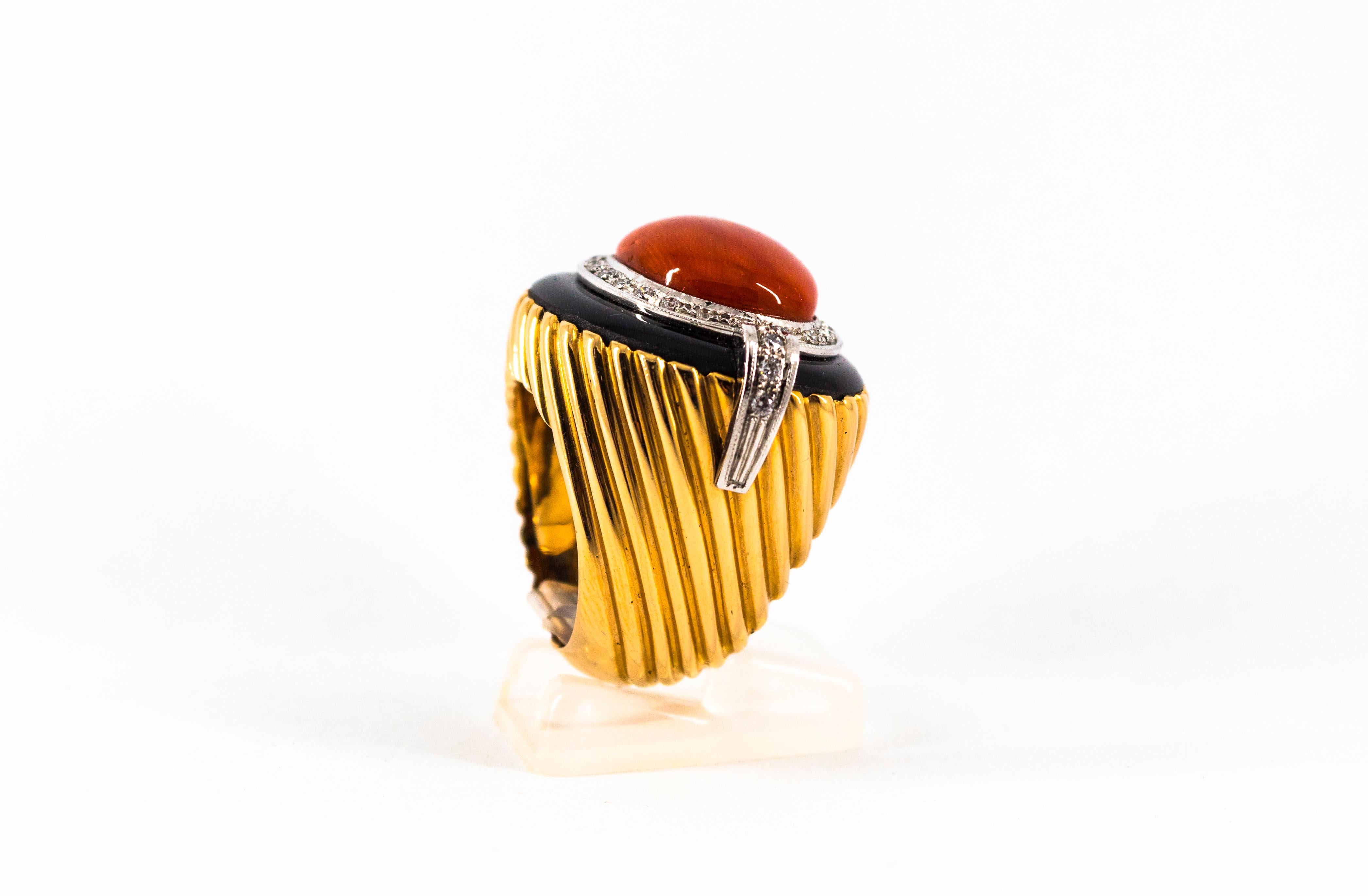 Art Deco Mediterranean Red Coral Onyx White Diamond Yellow Gold Cocktail Ring For Sale 4