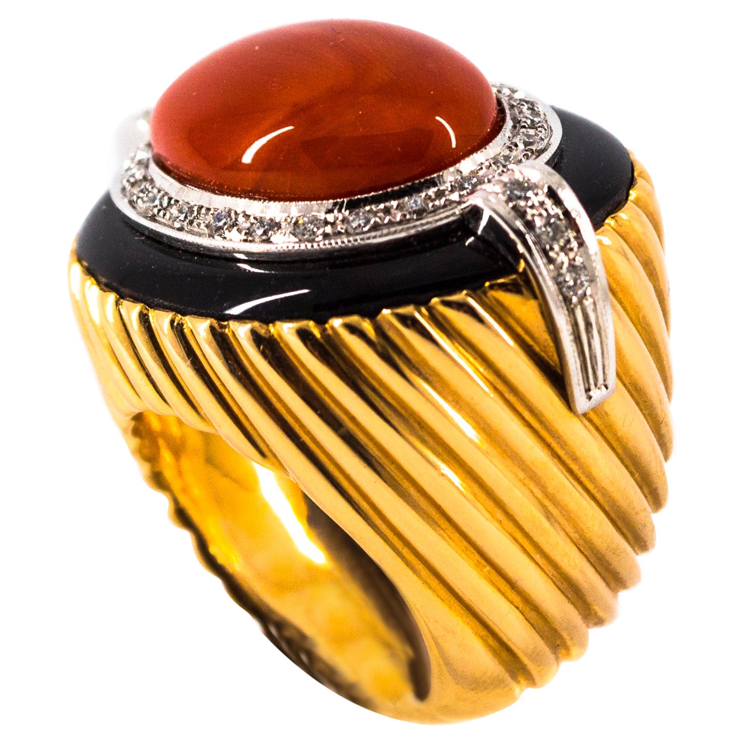 Art Deco Mediterranean Red Coral Onyx White Diamond Yellow Gold Cocktail Ring For Sale