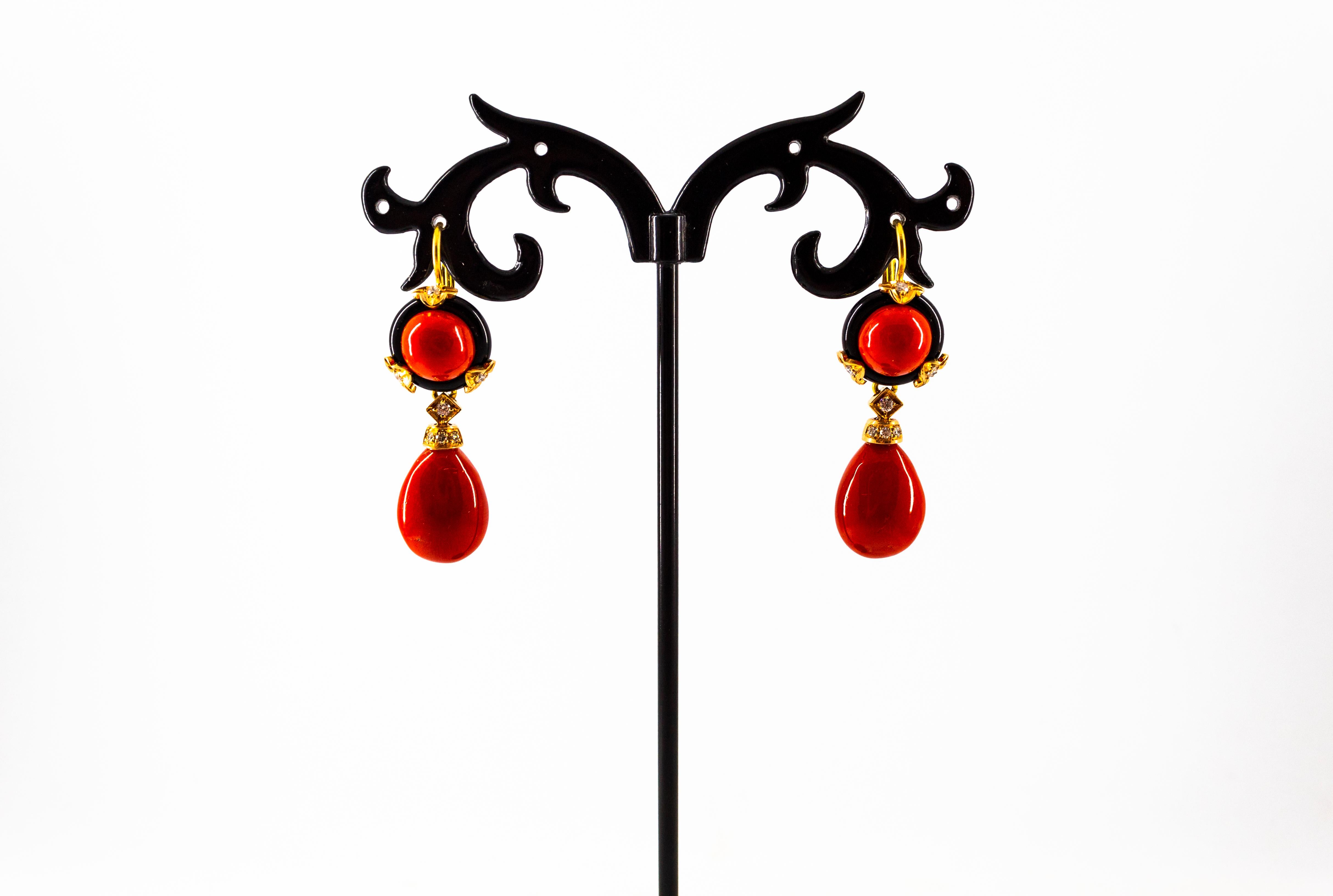 These Earrings are made of 14K Yellow Gold.
These Earrings have 0.22 Carats of White Modern Round Cut Diamonds.
These Earrings have Mediterranean (Sardinia, Italy) Red Coral and Onyx.
These Earrings are also available with Clip-On Closures.
All our