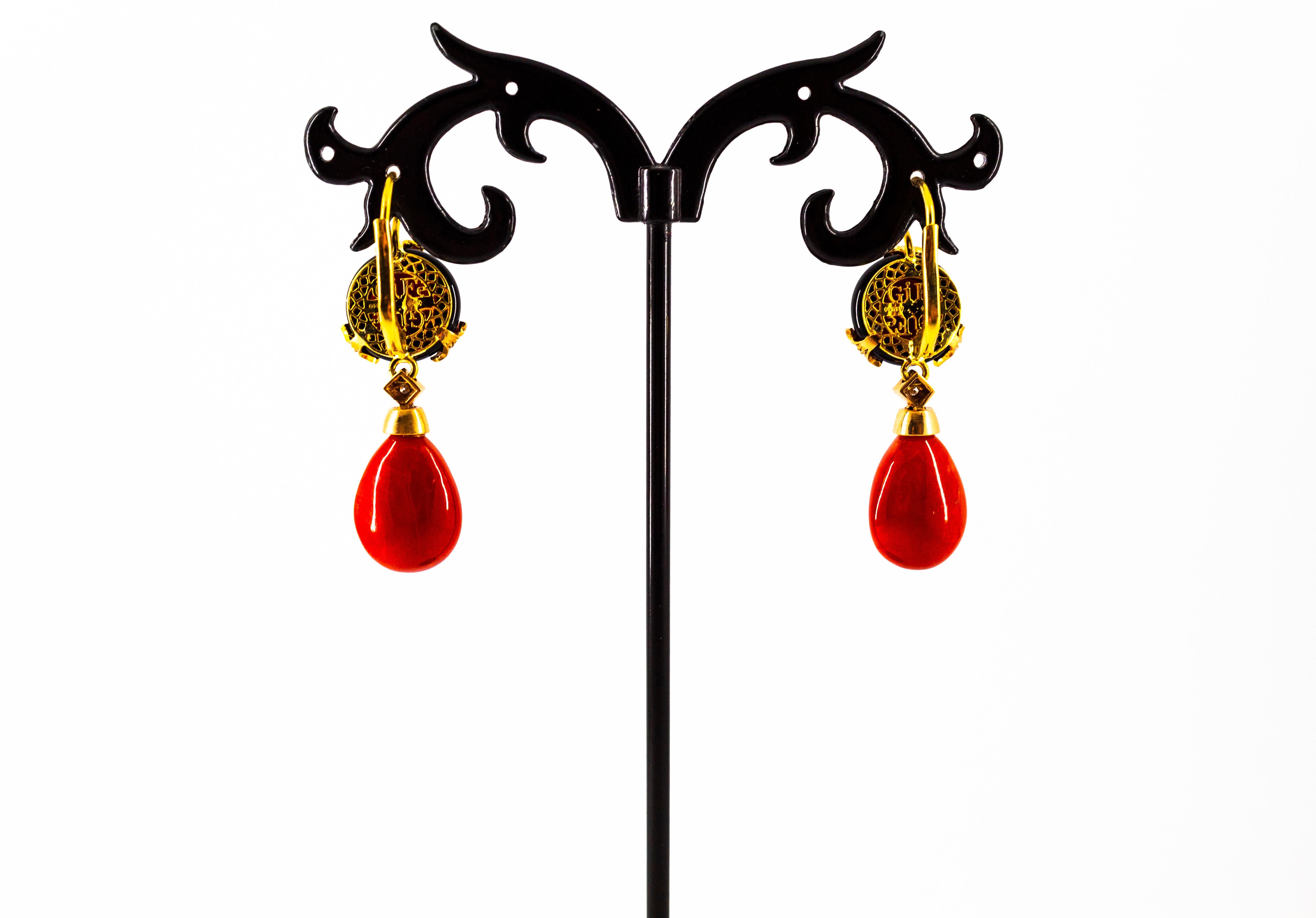 Women's or Men's Art Deco Mediterranean Red Coral Onyx White Diamond Yellow Gold Drop Earrings