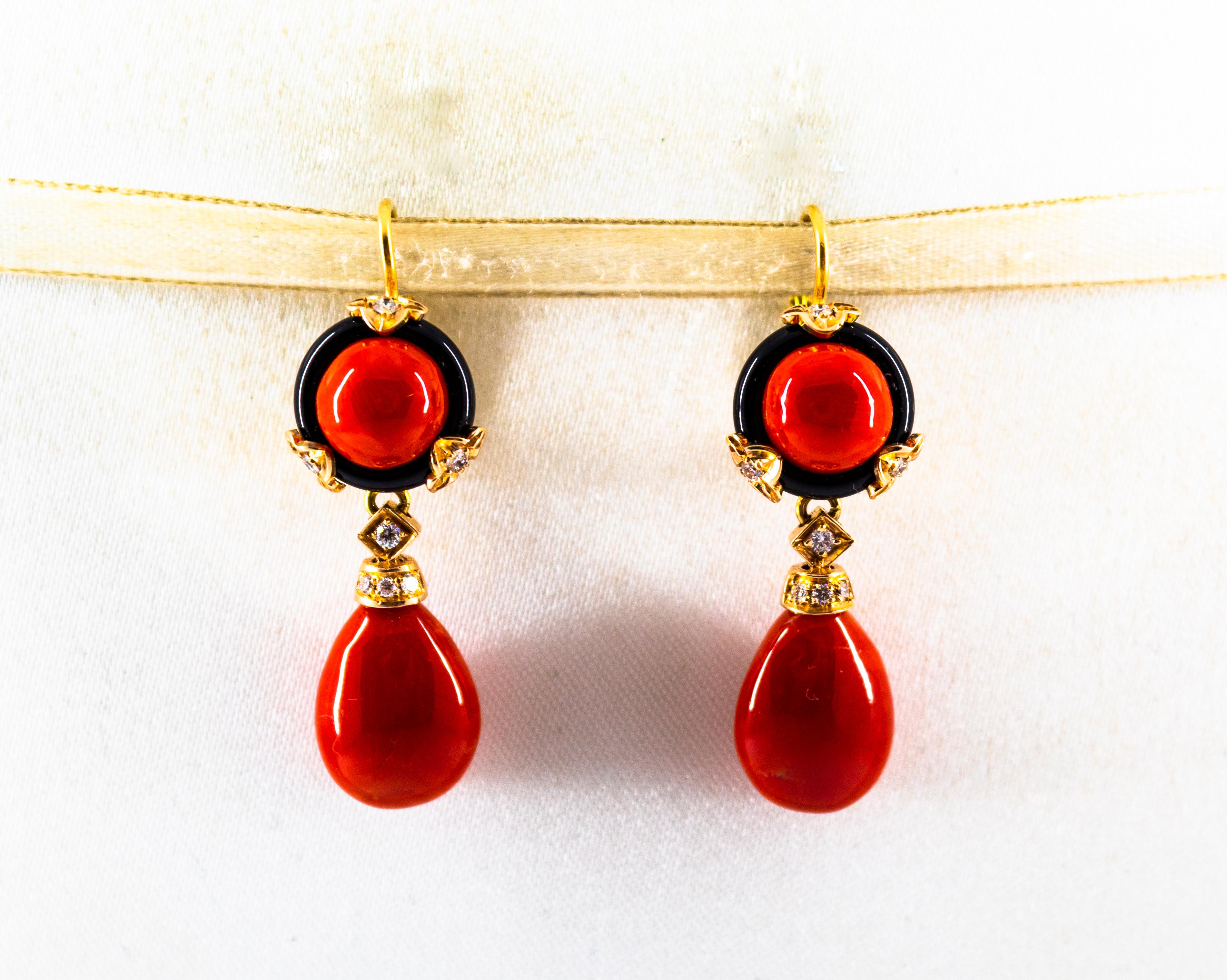 Art Deco Mediterranean Red Coral Onyx White Diamond Yellow Gold Drop Earrings 2