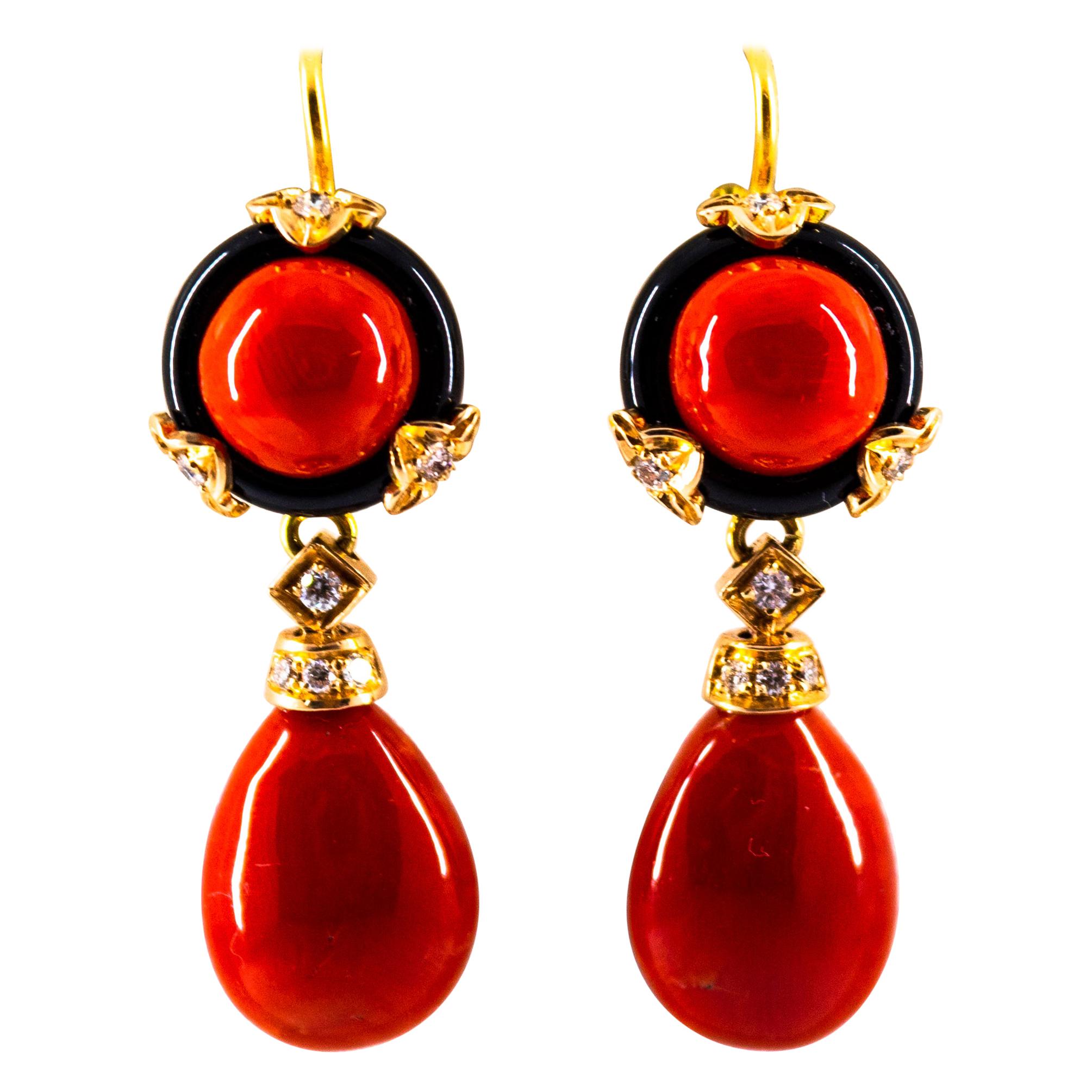Art Deco Mediterranean Red Coral Onyx White Diamond Yellow Gold Drop Earrings