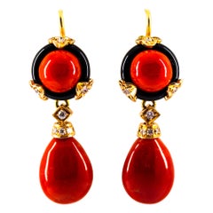 Art Deco Mediterranean Red Coral Onyx White Diamond Yellow Gold Drop Earrings