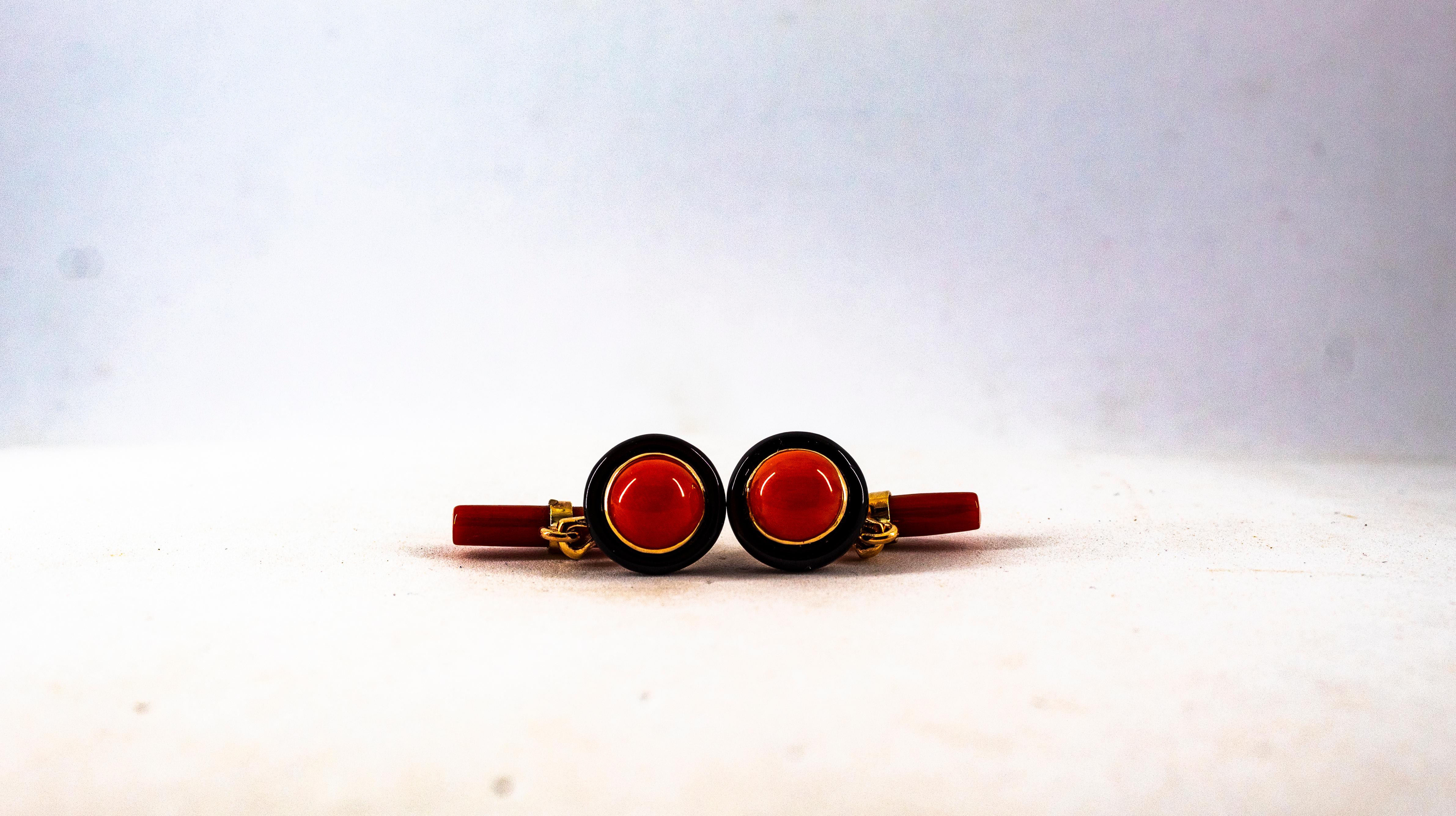 Mixed Cut Art Deco Style Mediterranean Red Coral Onyx Yellow Gold Cufflinks