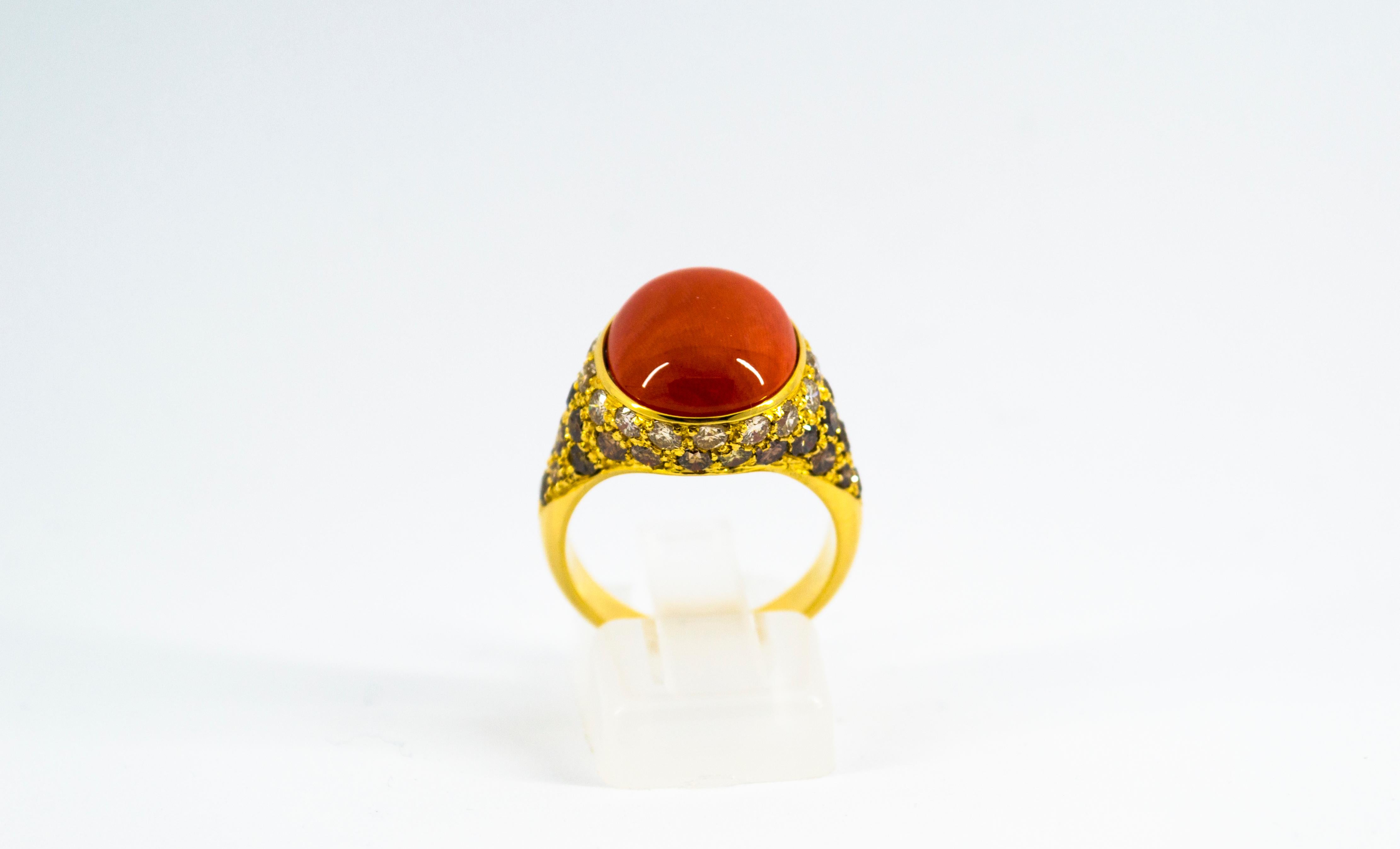 Brilliant Cut Art Deco Mediterranean Red Coral White Brown Diamond Yellow Gold Cocktail Ring For Sale