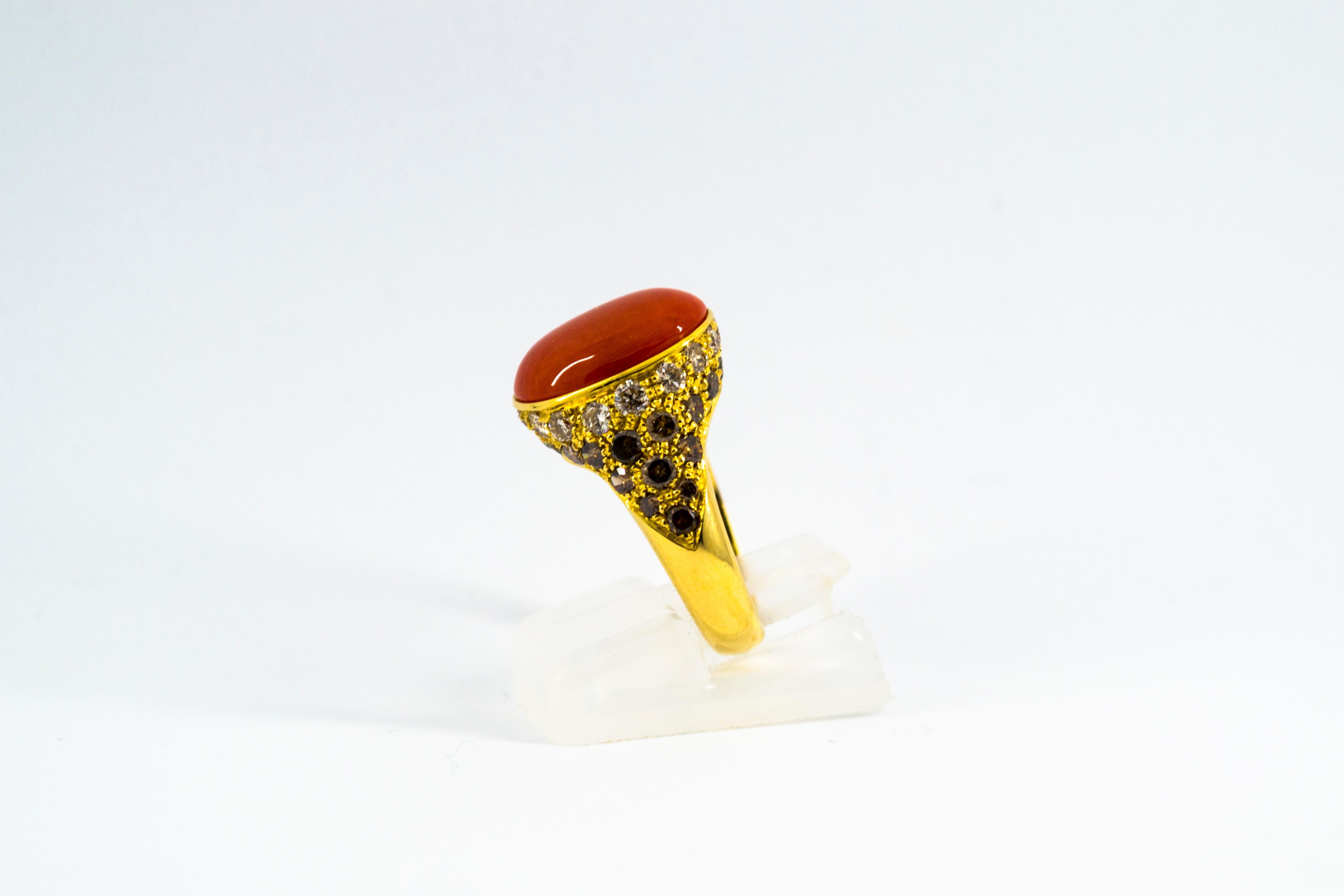 Art Deco Mediterranean Red Coral White Brown Diamond Yellow Gold Cocktail Ring In New Condition For Sale In Naples, IT