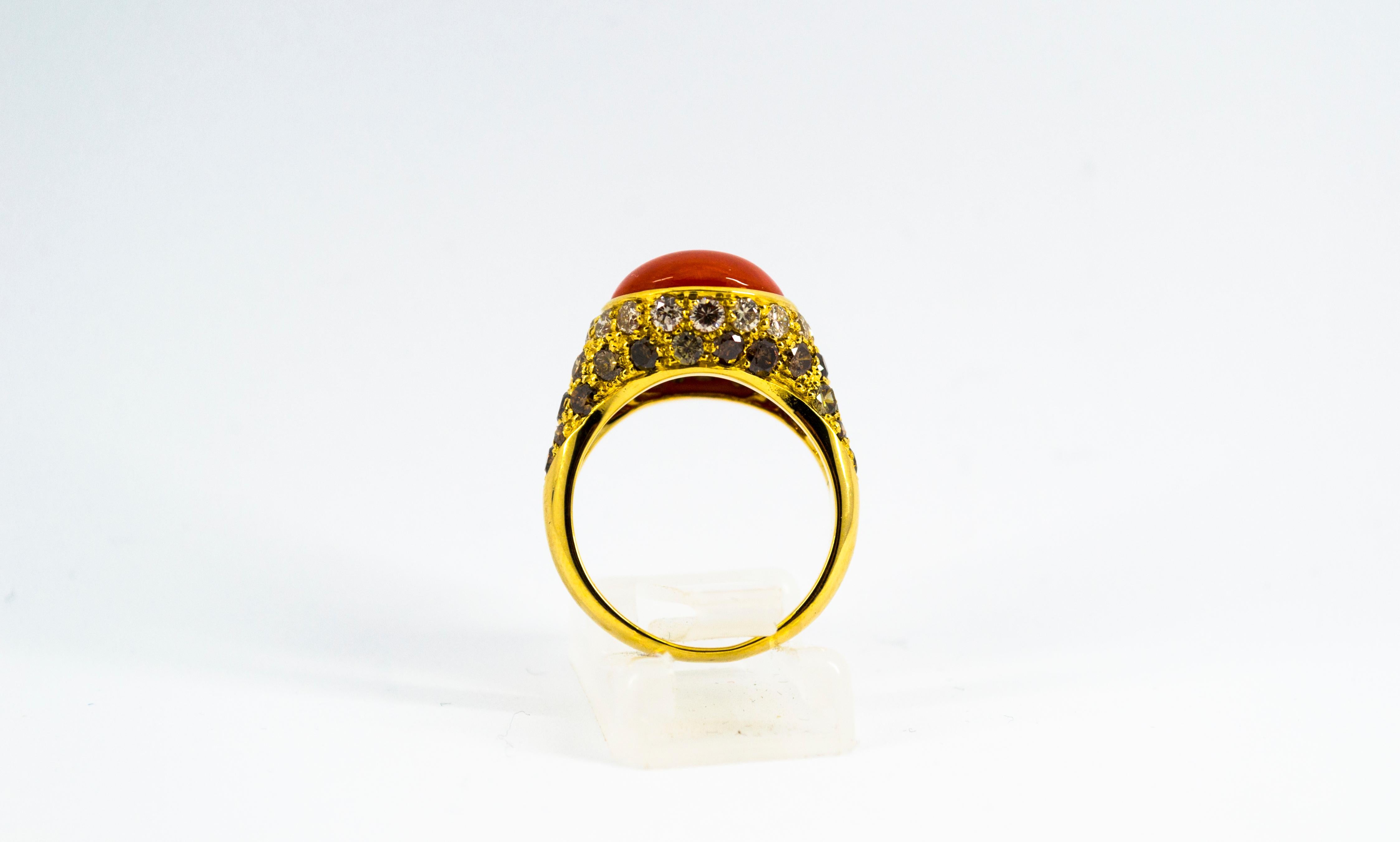 Women's or Men's Art Deco Mediterranean Red Coral White Brown Diamond Yellow Gold Cocktail Ring For Sale