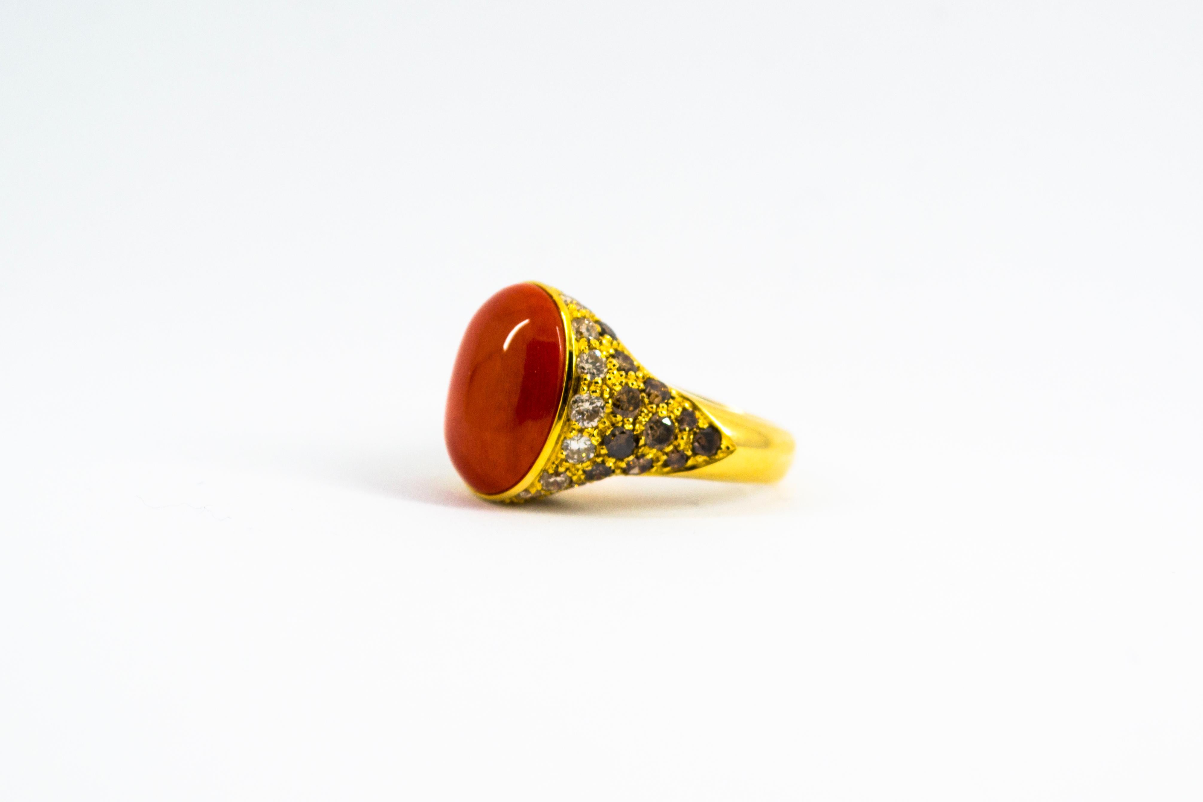 Art Deco Mediterranean Red Coral White Brown Diamond Yellow Gold Cocktail Ring For Sale 1